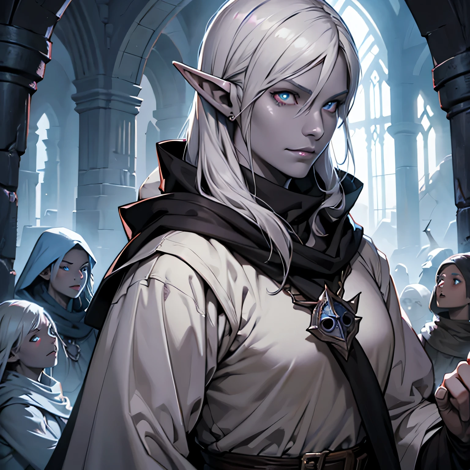 Drow Elf, grey skin, white eyes, dungeons and dragons, Cleric 