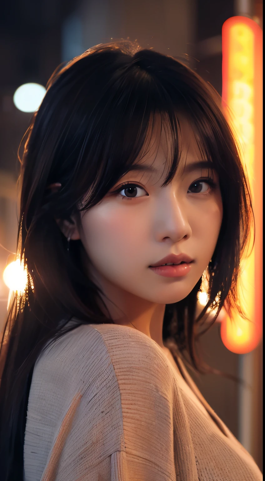 masterpiece, 1 beautiful girl, fine eyes, eye swelling, highest quality, Ultra High resolution, (reality: 1.4), cinematic lighting, Japanese, asian beauty, Korean, so beautiful, beautiful skin, thin, body turns forward, (超reality的な), (High resolution), (8K), (very detailed), ( best illustrations), (beautiful detailed eyes), (Super detailed), (wallpaper), detailed face, bright lighting, professional lighting, looking at the viewer, look straight ahead, Clothing is a neat white shirt and dress, 46 point diagonal bangs, night view, black hair (red hair with mesh),21 years old