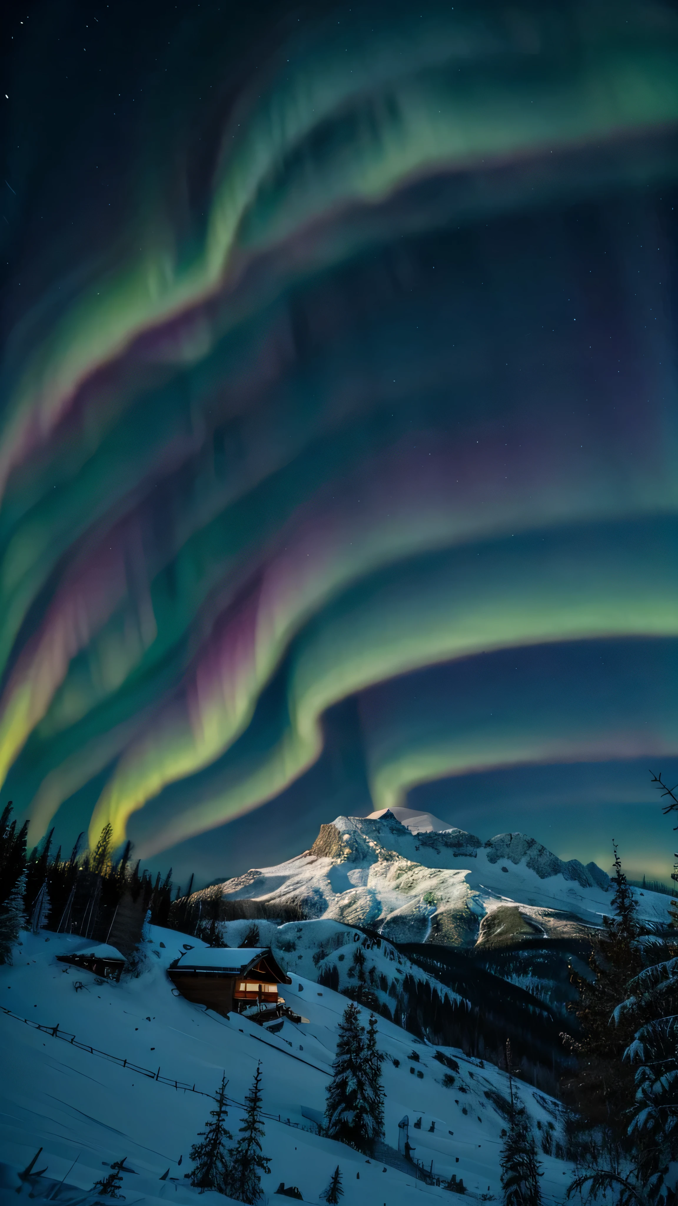 Ice mountain, forest, strong color aurora, night sky, no person, 8k, high quality