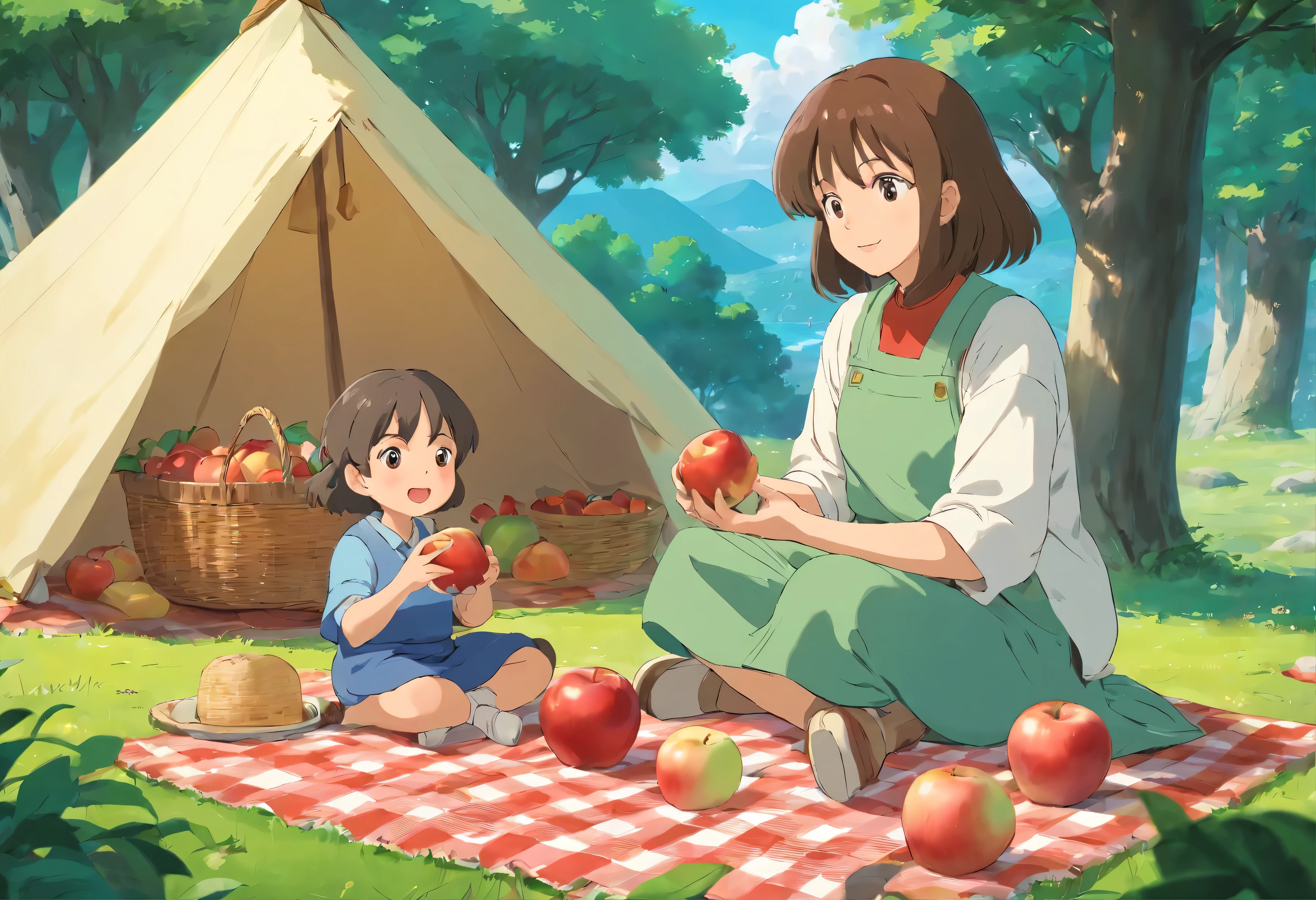 outdoor,A parent sitting with a on a picnic blanket,There are some apples and some other food on the blanket。A scene of two people communicating while holding an apple。