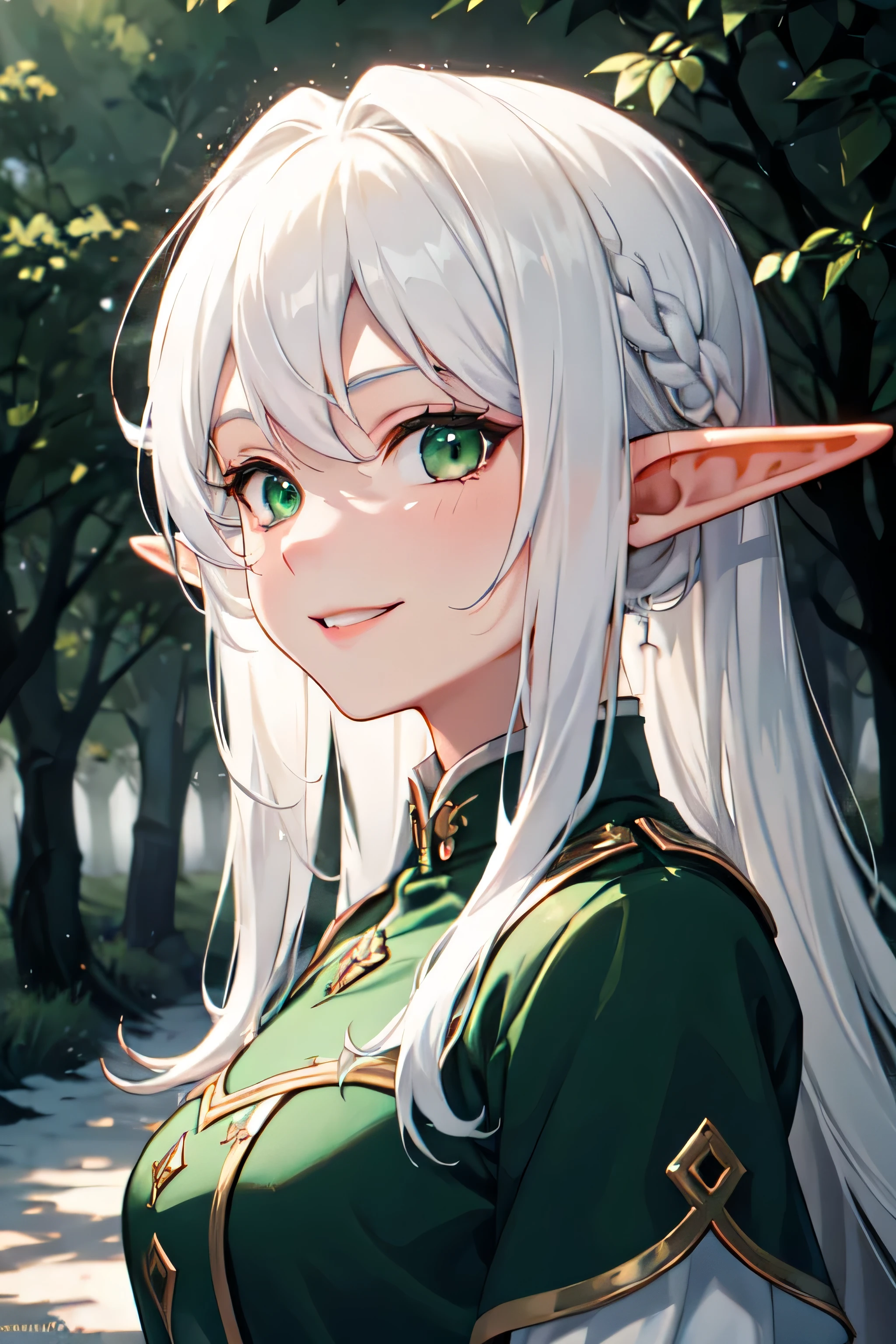 (elf), (white hair, green eyes), (forest, mist, side lighting, best lighting), dark theme, smiling, highres, 