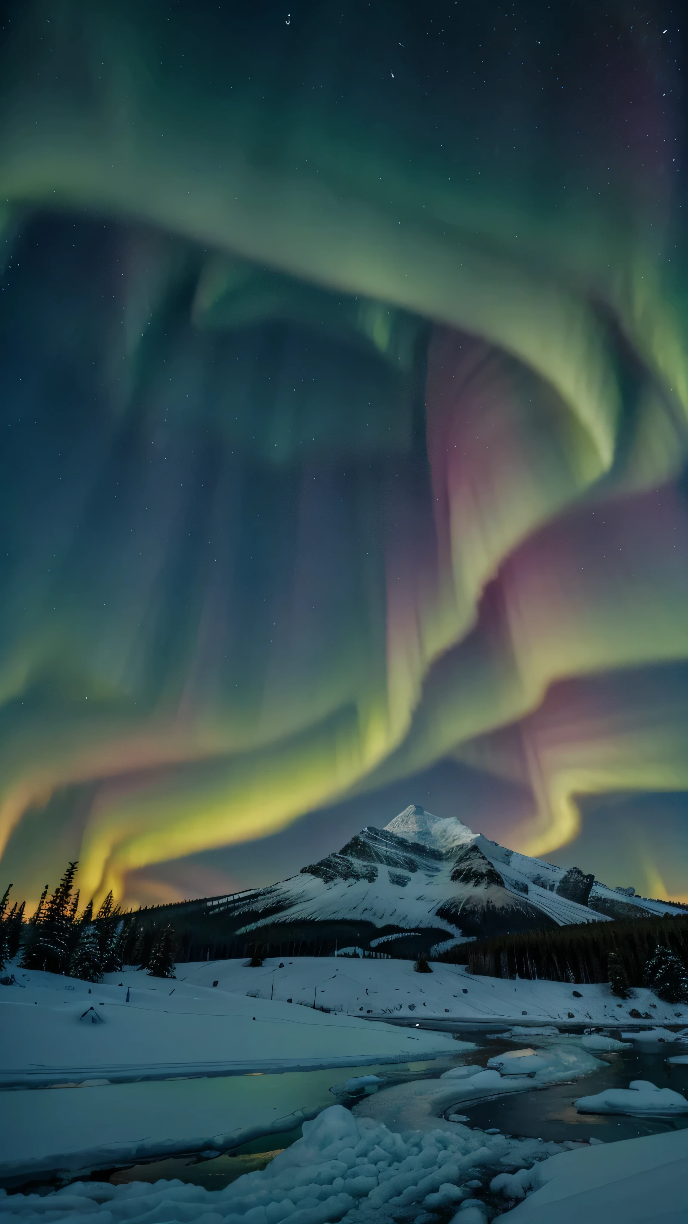 Ice mountain, forest, green aurora, night sky, no person, 8k, high quality