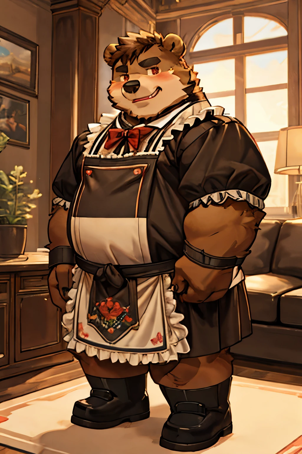 individual，bear orc boy，bear ears，brown hair，short hair，brown fur，red pupils，robust，obesity，full，Shorty，maid outfit，living room，daytime，smirk，blush，Akimbo，black shoes