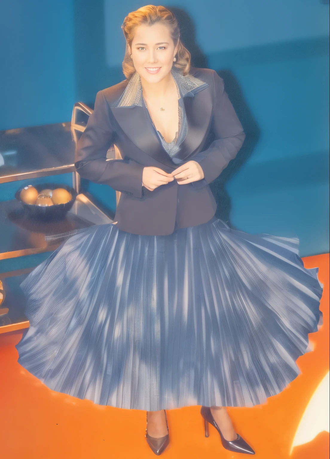 A smiling, authentic, (shy:1,3), kind, beautiful woman, is passionately in love with her skirt, touching herself while wind lifts her skirt, wearing short blazer and very, very detailed (long (fully pleated) full circle skirt) and (low heeled court shoes), very, very intricate hyper-detailed symmetric (attractive graceful young feminine face) with (sad, tired eyes and a loving smile), very voluptuous breasts, full of empathy and compassion and love, (pronounced (feminine) features), (highly detailed ultra accurate realistic) hands and fingers, (windy), epic composition, highly detailed attributes, (35mm f1.4 Kodak portra 400 photograph), extremely high quality RAW photograph, highly detailed atmosphere, sci-fi, cinematic shot, dynamic lighting, 75mm, Technicolor, Panavision, cinemascope, sharp focus, fine details, 8k, HDR, realism, realistic, key visual, film still, superb cinematic color grading, depth of field