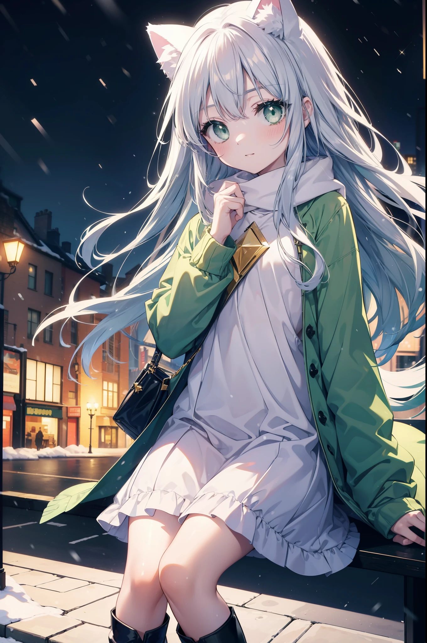 index, index, (green eyes:1.5), silver hair, long hair, (flat chest:1.2),Cat ear,cat tail,blush,smile,open your mouth,illumination,A large Christmas tree is placed in the middle of the road.,gray handbag,yellow long coat, white hoodie, black long skirt,black pantyhose,Mini Boots,winter,night,cold sky,It&#39;s snowing,snow is falling,
break looking at viewer, Upper body, whole body,
break outdoors, In town,building street,
break (masterpiece:1.2), highest quality, High resolution, unity 8k wallpaper, (figure:0.8), (beautiful deしっぽed eyes:1.6), extremely deしっぽed face, perfect lighting, extremely deしっぽed CG, (perfect hands, perfect anatomy),