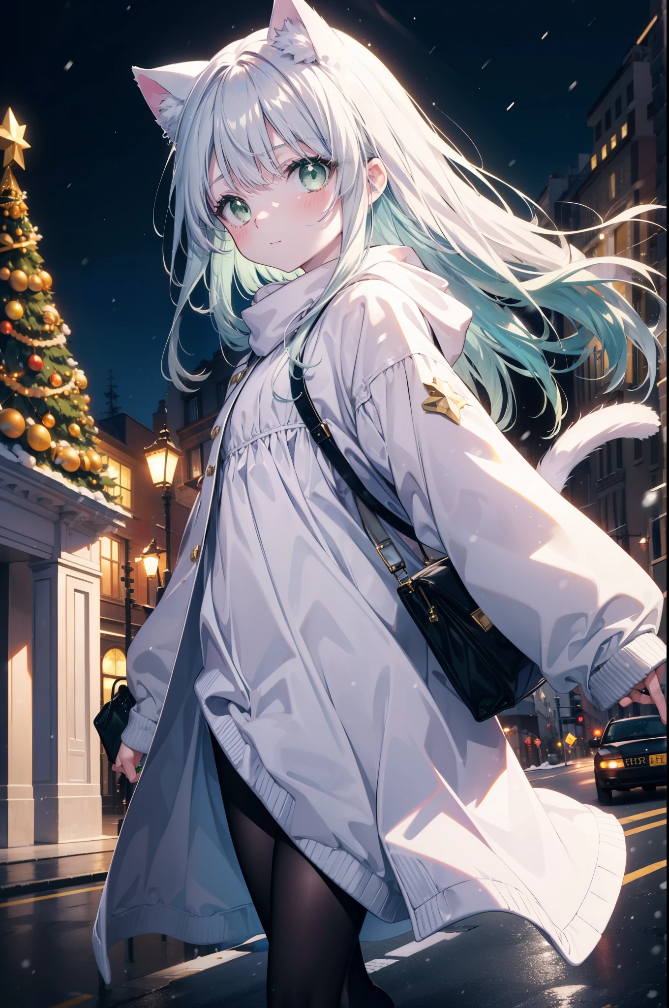 index, index, (green eyes:1.5), silver hair, long hair, (flat chest:1.2),Cat ear,cat tail,blush,smile,open your mouth,illumination,A large Christmas tree is placed in the middle of the road.,gray handbag,yellow long coat, white hoodie, black long skirt,black pantyhose,Mini Boots,winter,night,cold sky,It&#39;s snowing,snow is falling,
break looking at viewer, Upper body, whole body,
break outdoors, In town,building street,
break (masterpiece:1.2), highest quality, High resolution, unity 8k wallpaper, (figure:0.8), (beautiful deしっぽed eyes:1.6), extremely deしっぽed face, perfect lighting, extremely deしっぽed CG, (perfect hands, perfect anatomy),