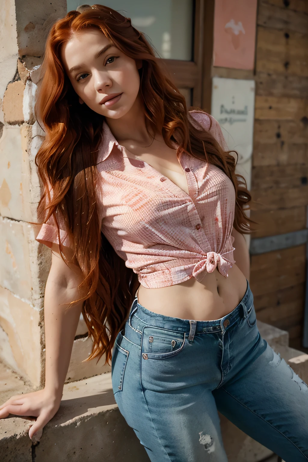 young girl of 25 years with long red hair and waves,con curvas, pecho grande, ojos marrones oscuros y labios gruesos y fondo rosa, vistiendo camisa y jeans, Mejor calidad