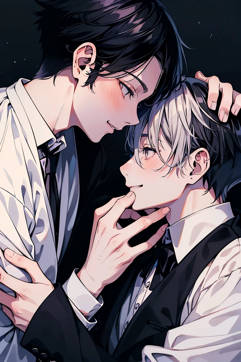 (muste piece), (best quality), very detailed, ((two men intimate)), perfect face, beautiful face, very detailed顔,(black haired man:1.3),(white haired man:1.3),suit,shirt,smile