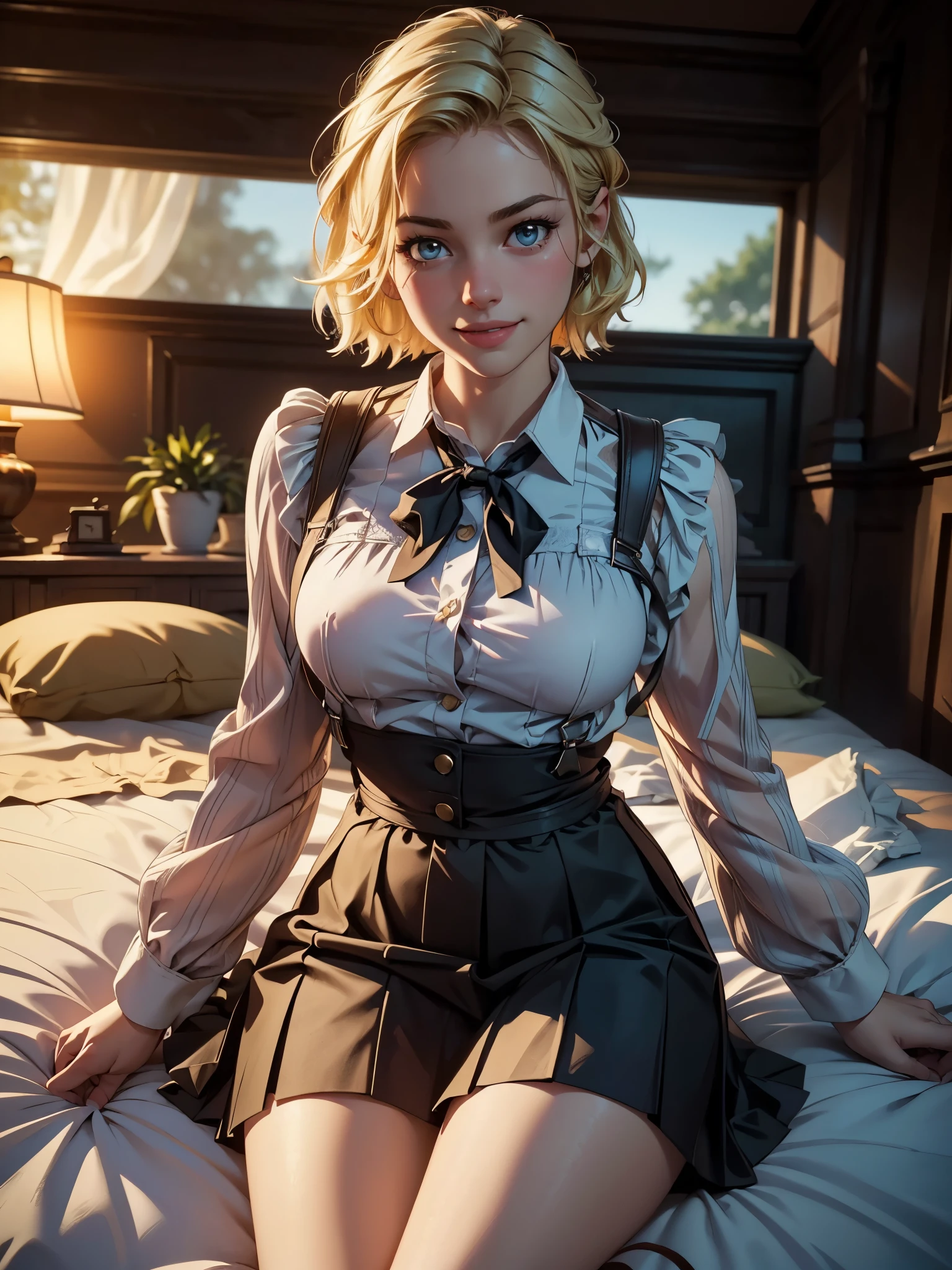 Inside the bedroom,one girl,lying on the bed,short blonde hair,smile,grin,ribbon,blouse,suspenders skirt,race-up-long-boots,(best quality,4k,8k,highres,masterpiece:1.2),ultra-detailed,(realistic,photorealistic,photo-realistic:1.37),HDR,UHD,studio lighting,extreme detail description,professional,vivid colors,portraits