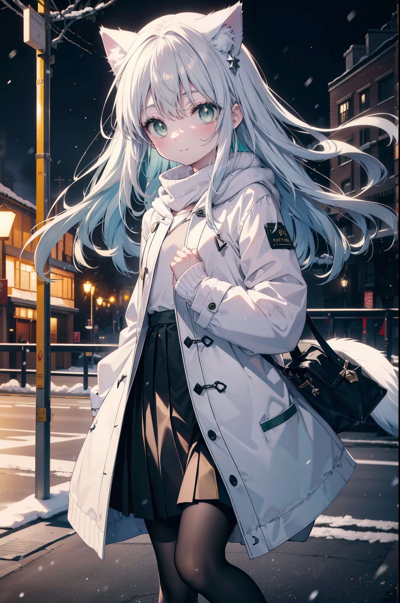 index, index, (green eyes:1.5), silver hair, long hair, (flat chest:1.2),Cat ear,cat tail,blush,smile,open your mouth,illumination,A large Christmas tree is placed in the middle of the road.,gray handbag,yellow long coat, white hoodie, black long skirt,black pantyhose,Mini Boots,winter,night,cold sky,It&#39;s snowing,snow is falling,
break looking at viewer, Upper body, whole body,
break outdoors, In town,building street,
break (masterpiece:1.2), highest quality, High resolution, unity 8k wallpaper, (figure:0.8), (beautiful deしっぽed eyes:1.6), extremely deしっぽed face, perfect lighting, extremely deしっぽed CG, (perfect hands, perfect anatomy),