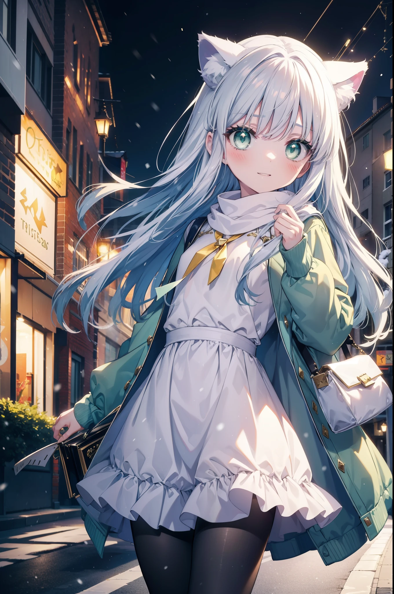 index, index, (green eyes:1.5), silver hair, long hair, (flat chest:1.2),Cat ear,cat tail,blush,smile,open your mouth,illumination,A large Christmas tree is placed in the middle of the road.,gray handbag,yellow long coat, white hoodie, black long skirt,black pantyhose,Mini Boots,winter,night,cold sky,It&#39;s snowing,snow is falling,
break looking at viewer, Upper body, whole body,
break outdoors, In town,building street,
break (masterpiece:1.2), highest quality, High resolution, unity 8k wallpaper, (figure:0.8), (beautiful deしっぽed eyes:1.6), extremely deしっぽed face, perfect lighting, extremely deしっぽed CG, (perfect hands, perfect anatomy),