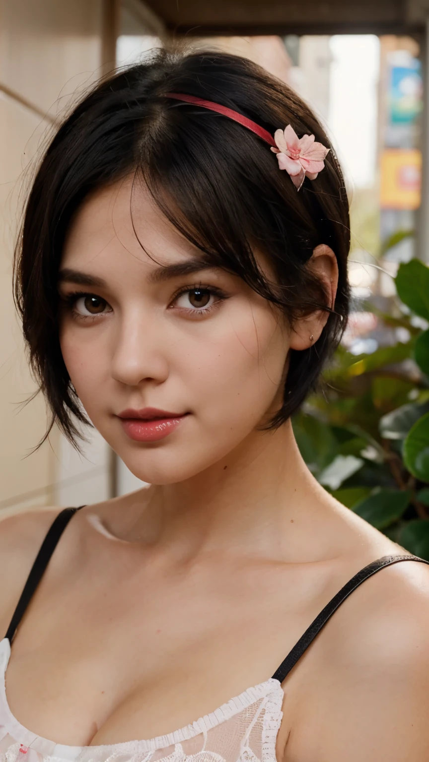 a white woman with short black hair, brown eyes, a beautiful face with slightly pink cheeks and a sweet look, with red lips, dressed as a succubs