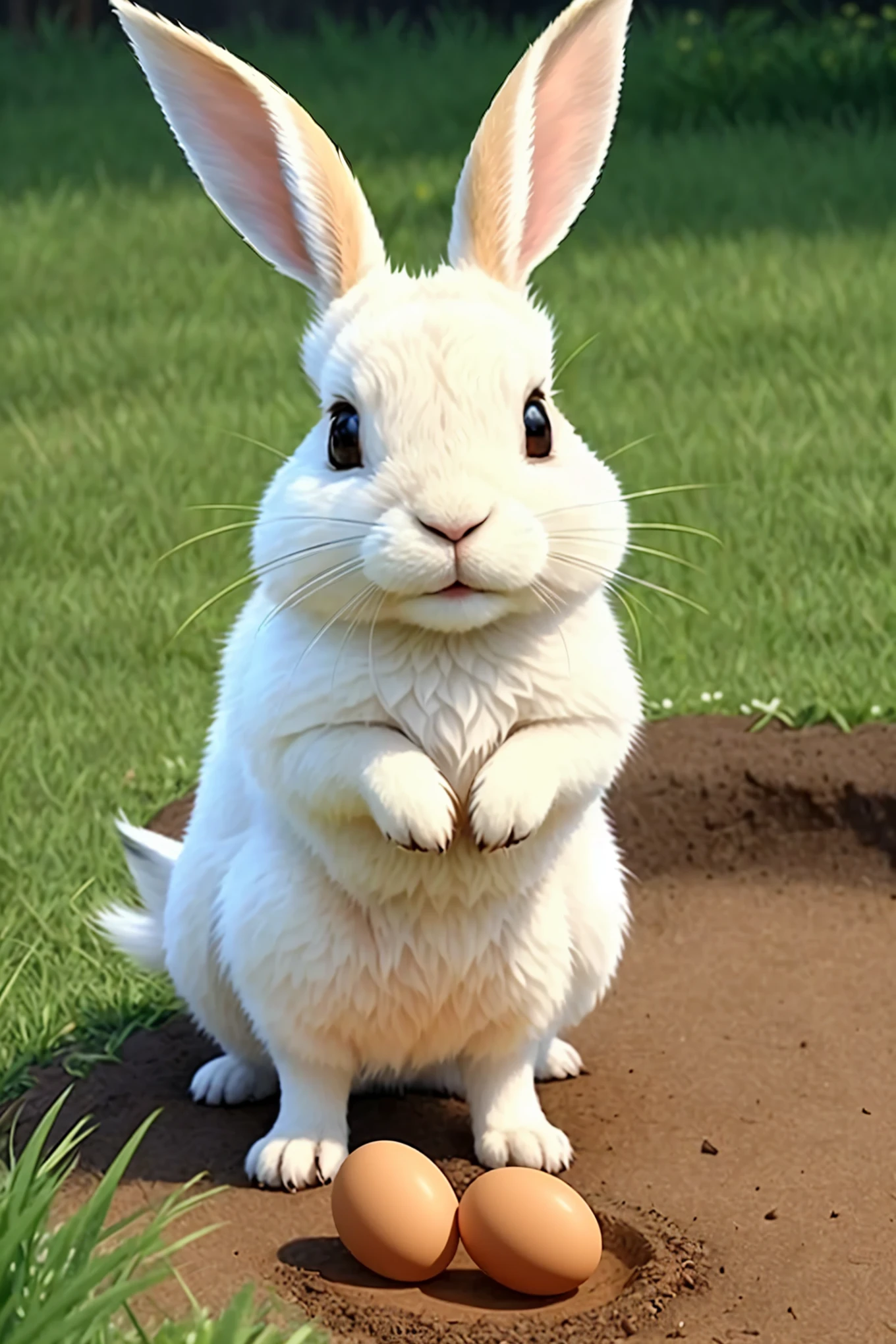 A rabbit hops skillfully through the emerald-green grass, its diminutive paws clutching delicate pastel-colored eggs. With nimble agility and meticulous precision, it digs small, intricately crafted burrows in the soft earth, carefully placing each egg in a secure and hidden nest. Its plush, sun-kissed fur gleams with a luminous sheen as it hops quietly and cautiously, shielding its priceless treasure from prying eyes. This stunning image comes to life in breathtaking high definition detail, every fiber of the rabbit's fur and every speck of sunlight dancing on the grass depicted with exquisite realism