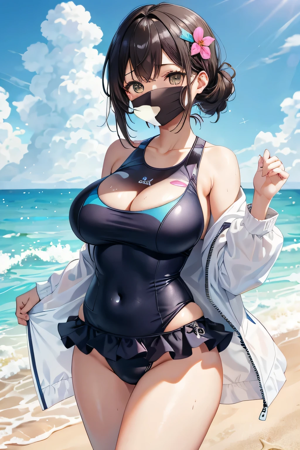 (highest quality、High resolution、detailed background、8K)、masterpiece、beautiful and smooth skin、skin texture、professional lighting、3 beautiful women in their 30s、
brown hair、Braided bob cut、braided ponytail、(huge breasts:1.3)、realistic images、realistic、perfect body line、attractive thighs、plump nipples、attractive ass、sunny day、sandy beach、Show the whole body、
(sandy beachで海水浴を楽しんでいる3 beautiful women in their 30s:1.5)、
playfully splashing water on each other、happy look、smile、open your mouth and laugh、sexual expression、wet swimsuit、the whole body is wet、my hair is wet too、cute、
The rash guard is designed like a long-sleeved jacket and has UV protection.、
Some have cute patterns or character prints.、
The set also includes bottoms, making it a stylish and practical option.、
A one-piece swimsuit with a skirt gives off a feminine and cute look.、
Materials with UV protection functions and colorful designs such as floral and fruit patterns are popular.、
Some skirts are decorated with frills or lace.、
The overall style swimsuit has a cute design and provides full coverage.、
Some come with straps or ribbons, or have animal prints or character designs.、
There are many cute designs of bikini style swimsuits.、
The combination of tops with frills or character prints and bottoms with colorful patterns is popular.、
Mermaid style swimsuits are also suitable for swimming in the sea.、
The top has a shell-shaped or scale pattern design, and the bottom has a mermaid-like shape.、
A tankini is a style of swimwear that combines a bikini top and shorts.、
It can hide your stomach, so you can wear it with confidence even if you are not confident in your girl's body shape.、
Sports swimsuits come in designs for competitive swimming and designs printed with characters from trendy sports brands.、It is also recommended to use sunscreen cream.、cute