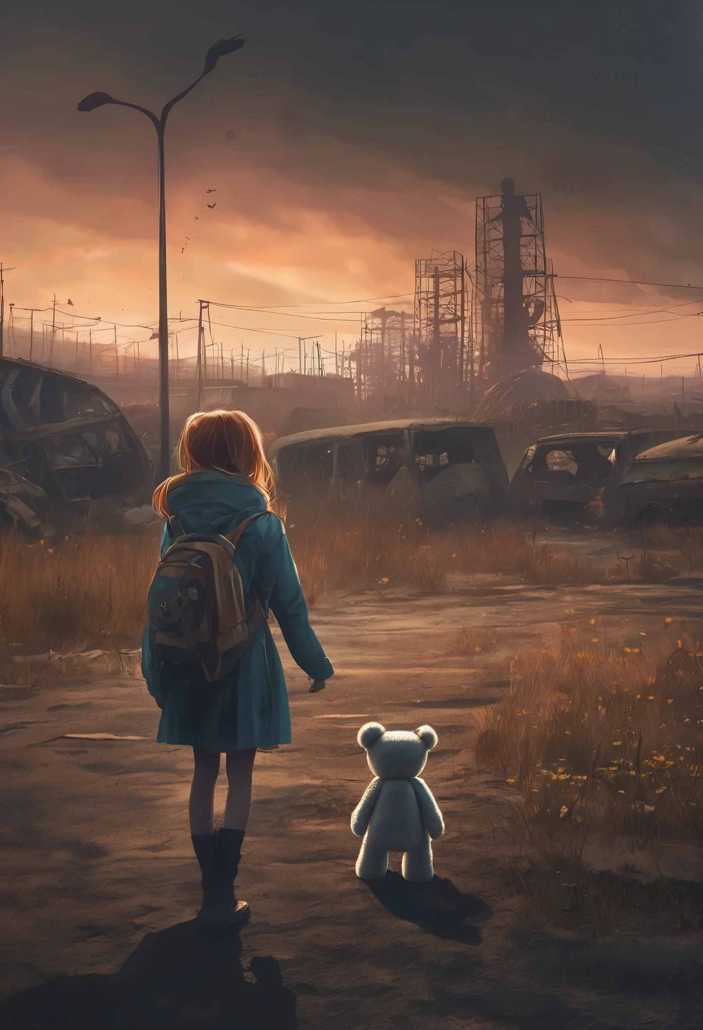 girl, hugging a teddy bear, standing in a nuclear wasteland. The once bustling city is now in ruins, Abandoned buildings and abandoned vehicles litter the desolate landscape. Nature begins to take back territory, plants growing in concrete gaps，Vines wrap around rotting structures. The atmosphere is strange, There&#39;s a sense of loneliness and despair in the air.. The scene is bathed in dark and eerie light., Emphasis on apocalyptic setting. girl&#39;Her expression reflects her loneliness and the weight of the world she carries. In this heartless world，The teddy bear she was holding gave her some comfort.. the color becomes softer, It features a desaturated, washed-out color palette., Adds to the desolate atmosphere of the scene