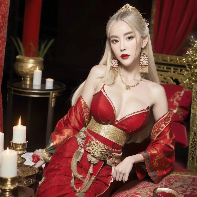 (masterpiece, best quality:1.2), 1girl, solo (masterpiece, best quality), photorealistic, a woman in a red and gold dress, hips up, white hair, long hair, hips up, makeup, blush, shyness, looking down, cosmetics, (forehead point), (2 red candles), Chinese_clothes, curtains, earrings,hanfu, interior, jewelry, red nails, long_sleeves, red dress, red lips, tassels, (red quilt), (red palace: 1.2), (ancient Chinese architecture), (red: 1.8), night