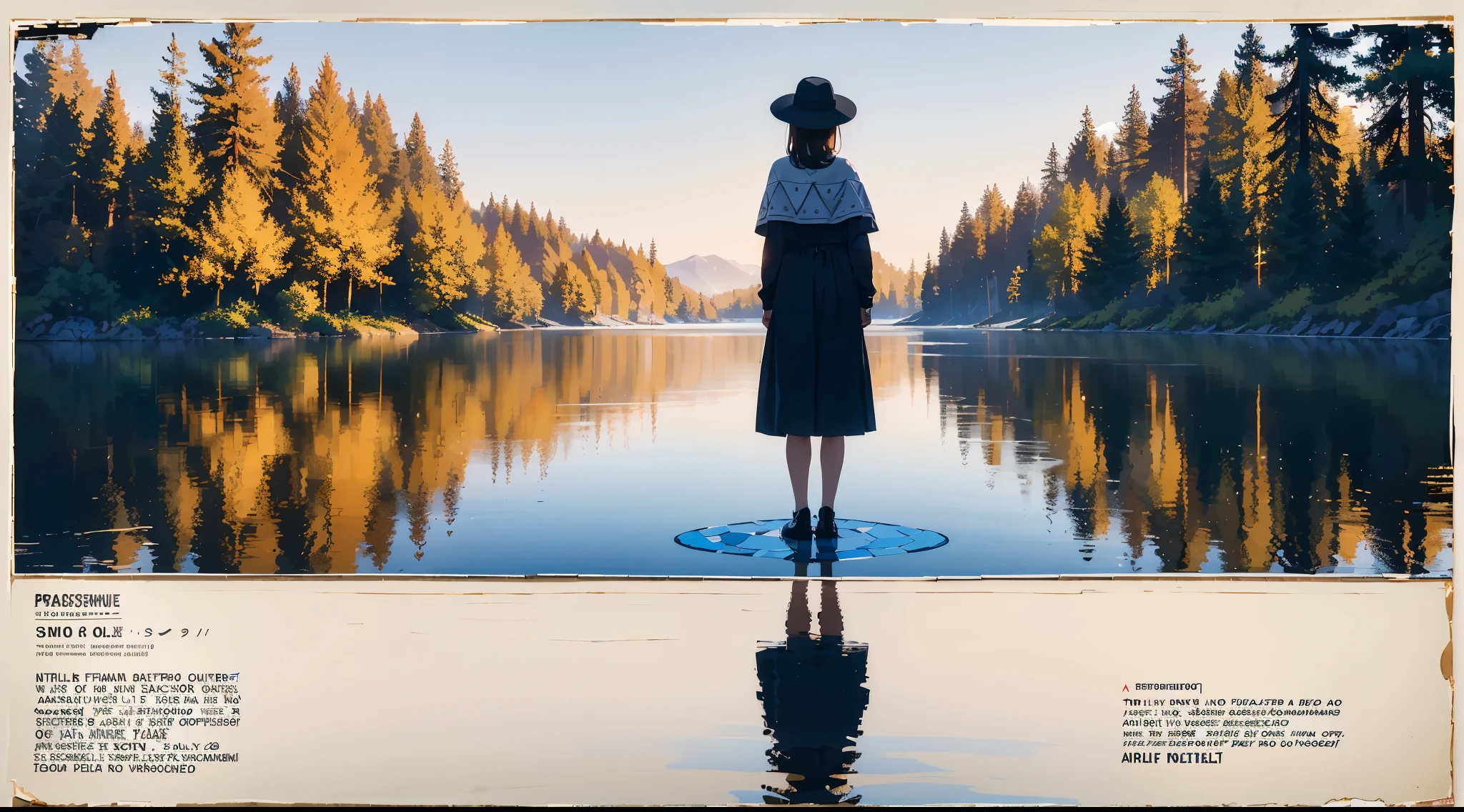 ((masterpiece)), ((top-quality)), (hight resolution:1.2), (extremely detailed CG unified 8k wallpaper),(Detailed promotional poster:1.8), (Cute frame with mosaic pattern:1.5), (Stylish design:1.4),(Printed on paper), (Easy-to-read text:1.4), (Cachcopy:1.8) | f/1.8 35mm captured by Canon EOS R 6, Photorealsitic, Correct anatomy,The heart of the lake,Reflection on the surface of the water,after rain,(One girl standing on the surface of the water),absolutely outstanding image,Reflection on details,Mirror,reflection,symmetry