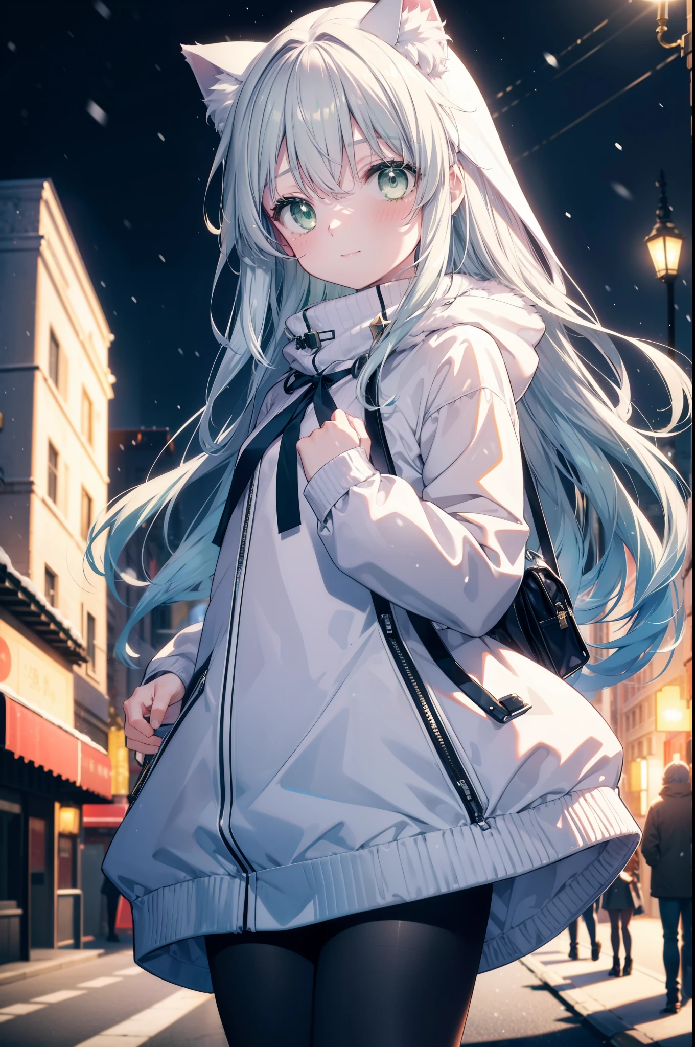 index, index, (green eyes:1.5), silver hair, long hair, (flat chest:1.2),Cat ear,cat tail,blush,smile,open your mouth,illumination,A large Christmas tree is placed in the middle of the road.,gray handbag,yellow long coat, white hoodie, black long skirt,black pantyhose,Mini Boots,winter,night,cold sky,It&#39;s snowing,snow is falling,
break looking at viewer, Upper body, whole body,
break outdoors, In town,building street,
break (masterpiece:1.2), highest quality, High resolution, unity 8k wallpaper, (figure:0.8), (beautiful deしっぽed eyes:1.6), extremely deしっぽed face, perfect lighting, extremely deしっぽed CG, (perfect hands, perfect anatomy),