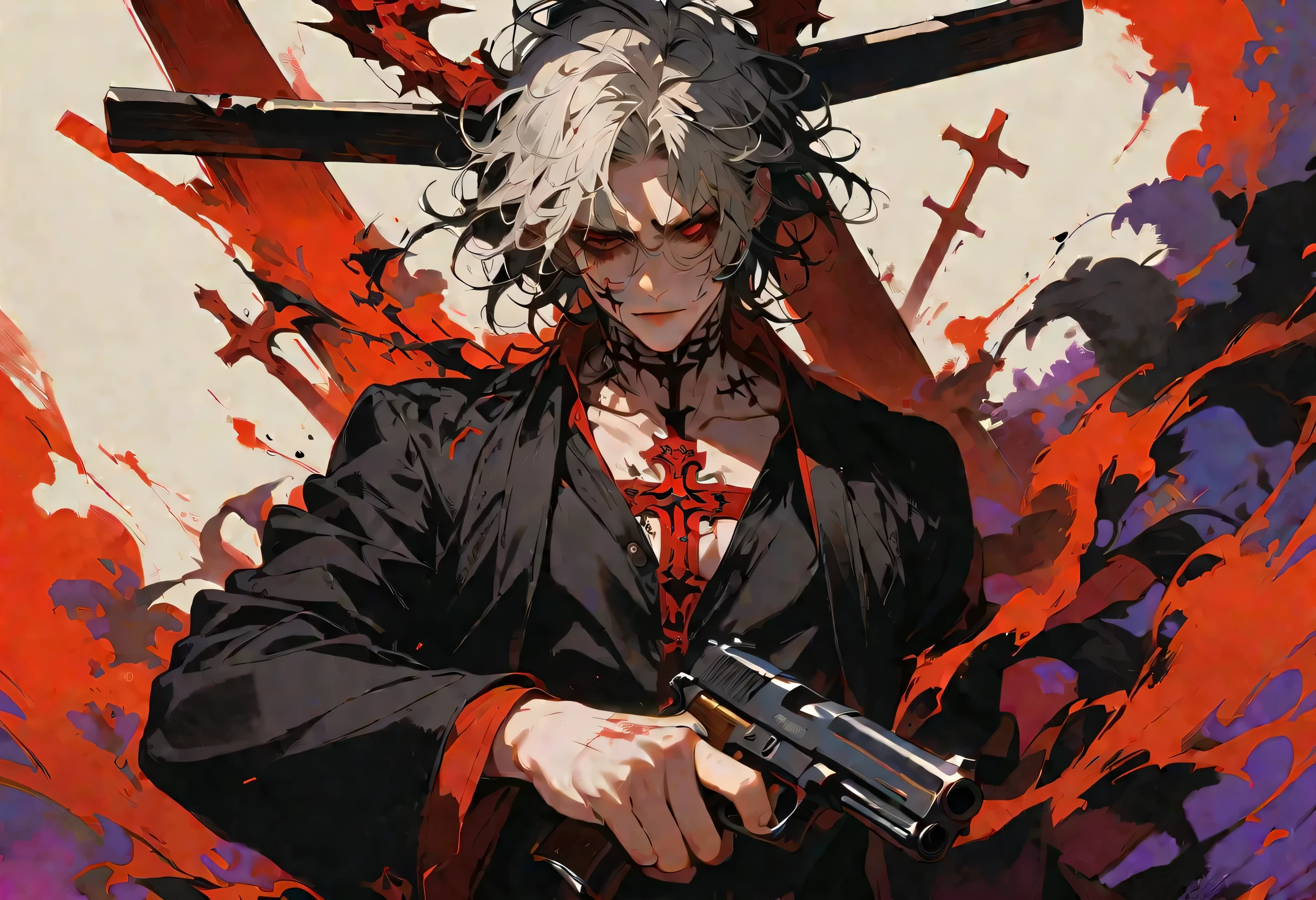 A boy,Armed with a gun,To the devil crucified