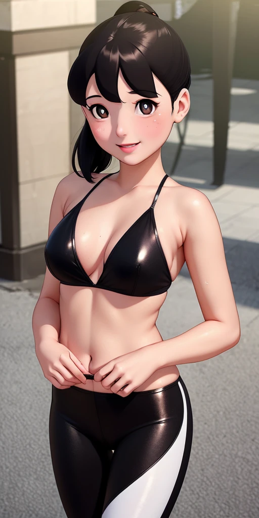 ((best quality)), ((masterpiece)), (detailed), perfect face,light blush,smile,detailed pupils,cowboy shot, , ( ,), looking at viewer,beautiful woman girl,(skindentation:1.2), shiny skin, best quality, ultra high res, (photorealistic:1.4),hot,shizuka,leggings