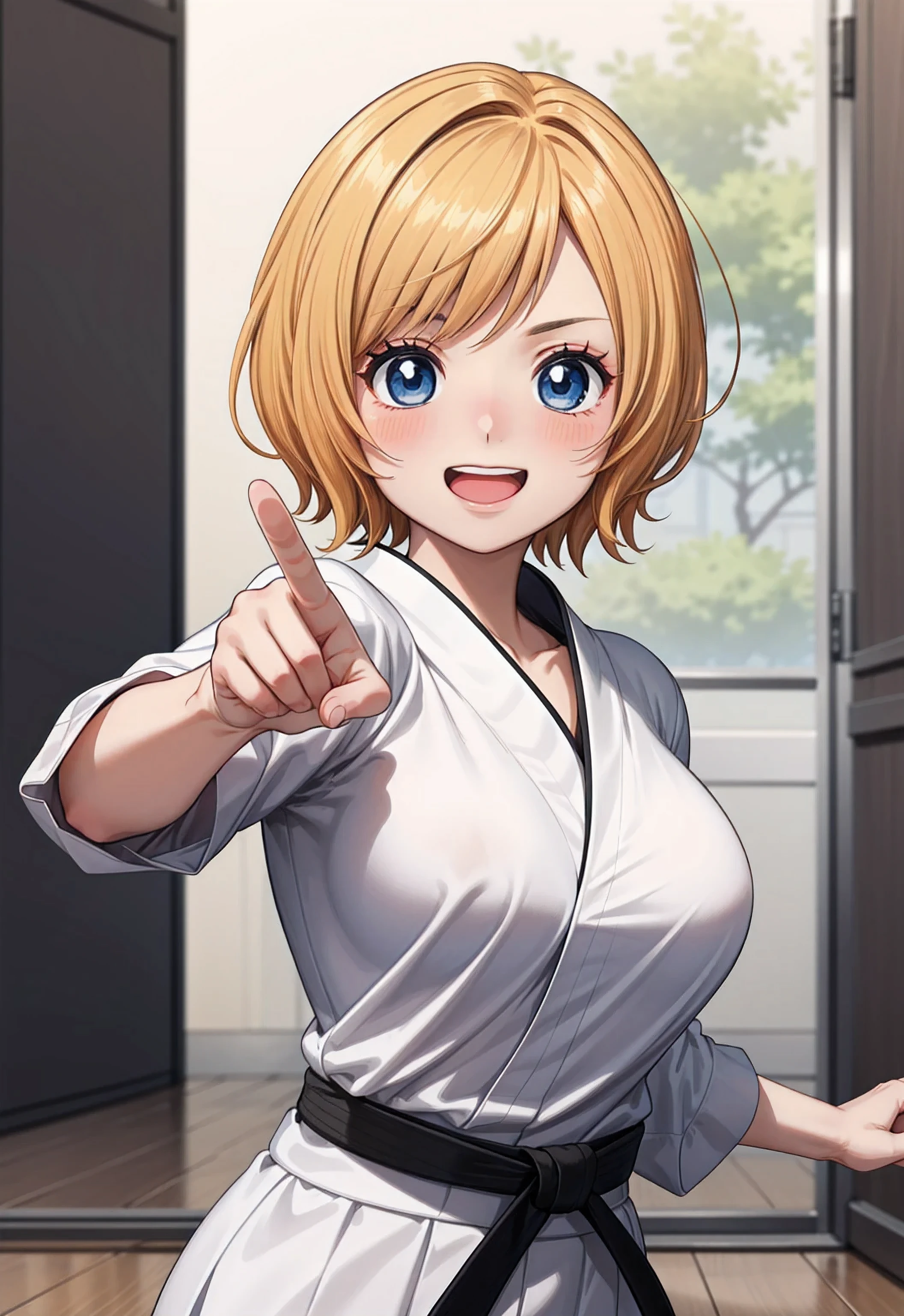 (from front:1.3), masterpiece, highest quality, 8K, High resolution, highest quality, anime style, best writing, beautiful face, masterpiece、High resolution、koala, best fingers, best eyes, beautiful makeup, (charming eyes:1.3)、beautiful blonde, short hair、blue eyes、big breasts, (empty handed:1.3), Black belt, Black Belt, (white gi:1.3)、(dojo:1.3)、(flooring:1.3)、best smile、blush, open your mouth, fighting pose, (close up:1.3)