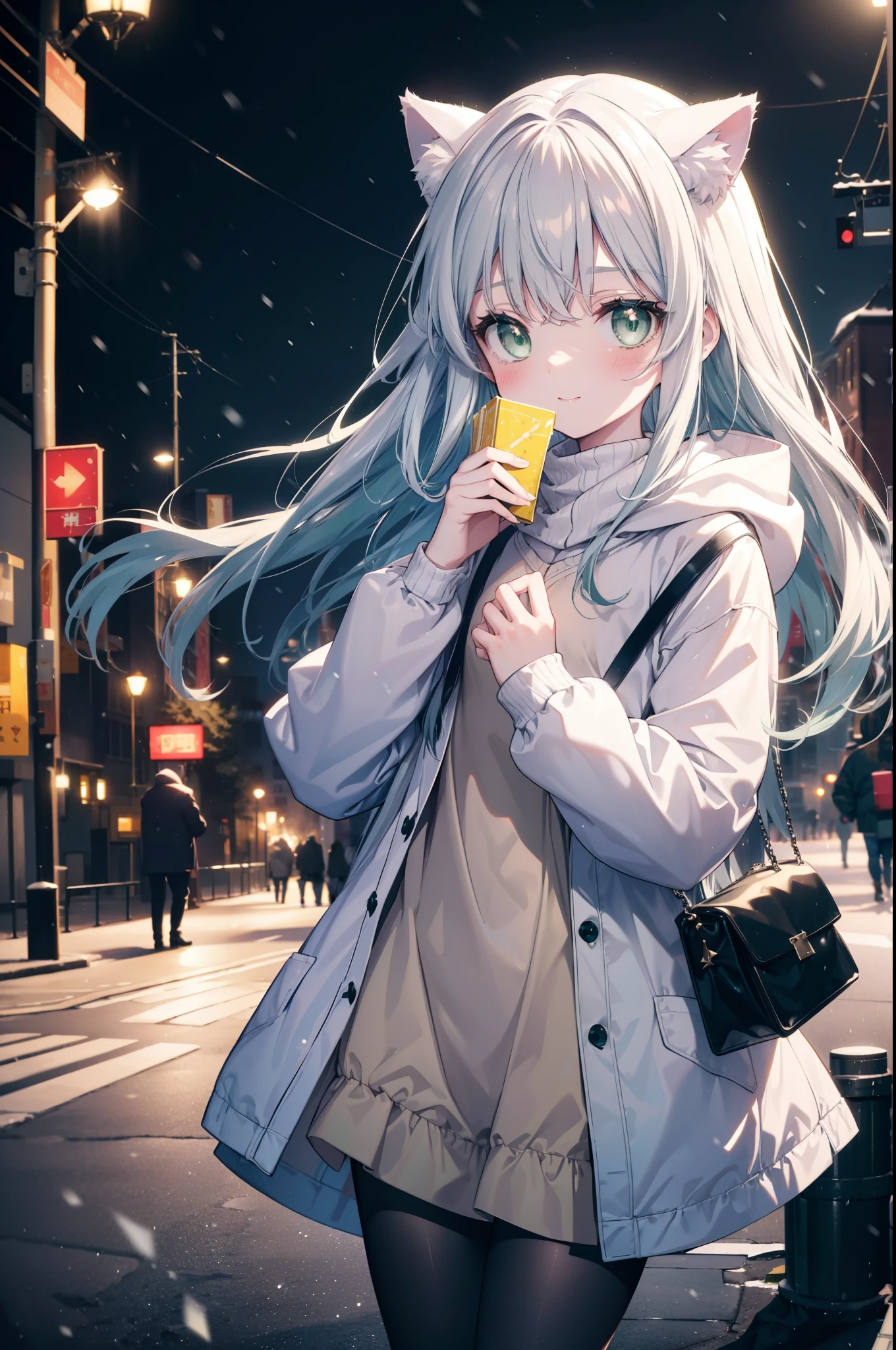 index, index, (green eyes:1.5), silver hair, long hair, (flat chest:1.2),Cat ear,cat tail,blush,smile,open your mouth,illumination,A large Christmas tree is placed in the middle of the road.,gray handbag,yellow long coat, white hoodie, black long skirt,black pantyhose,Mini Boots,winter,night,cold sky,It&#39;s snowing,snow is falling,
break looking at viewer, Upper body, whole body,
break outdoors, In town,building street,
break (masterpiece:1.2), highest quality, High resolution, unity 8k wallpaper, (figure:0.8), (beautiful deしっぽed eyes:1.6), extremely deしっぽed face, perfect lighting, extremely deしっぽed CG, (perfect hands, perfect anatomy),