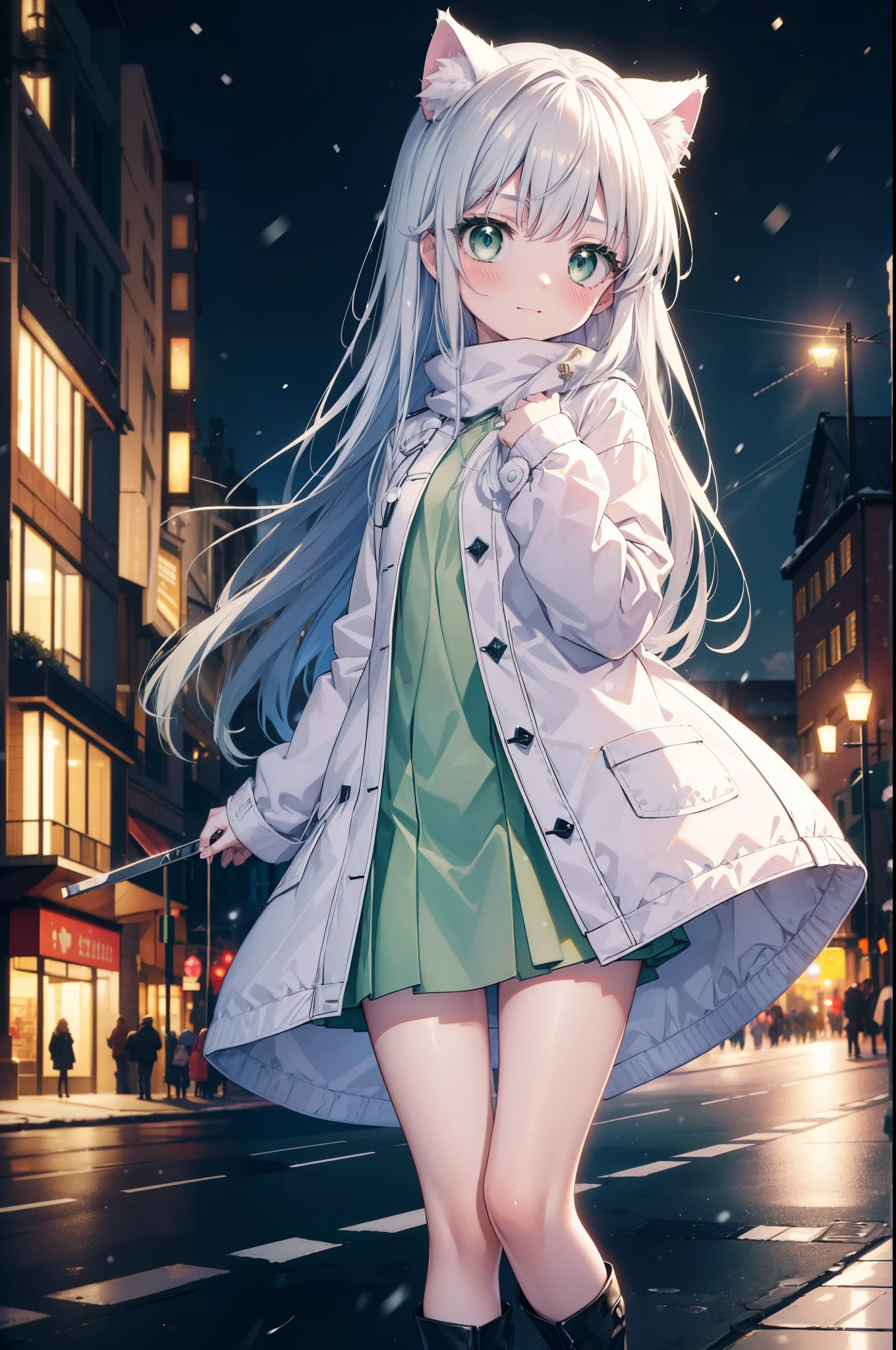 index, index, (green eyes:1.5), silver hair, long hair, (flat chest:1.2),Cat ear,cat tail,blush,smile,open your mouth,illumination,A large Christmas tree is placed in the middle of the road.,gray handbag,yellow long coat, white hoodie, black long skirt,black pantyhose,Mini Boots,winter,night,cold sky,It&#39;s snowing,snow is falling,
break looking at viewer, Upper body, whole body,
break outdoors, In town,building street,
break (masterpiece:1.2), highest quality, High resolution, unity 8k wallpaper, (figure:0.8), (beautiful deしっぽed eyes:1.6), extremely deしっぽed face, perfect lighting, extremely deしっぽed CG, (perfect hands, perfect anatomy),