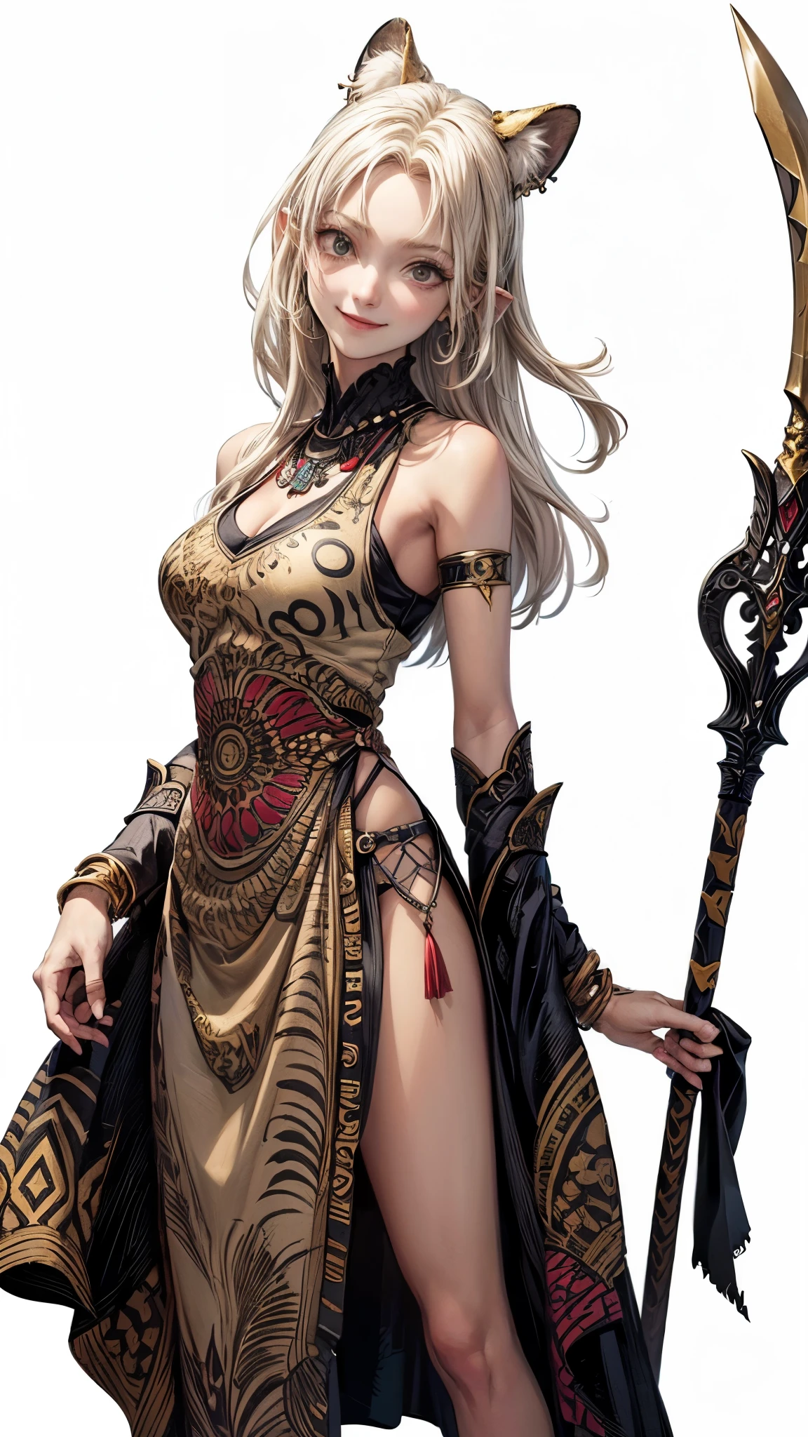 (Masterpiece, best quality), detailed, ((character art, full of details, Anime Babe, Wallpaper, Game Illustration, Animagine XL Babe, Fan Art, Animated)), (AFK_Arena, Antandra, cheetah girl)), (1woman, female), ((simple tribal african folk clothes, rough desert tribal clothes)), (dark tanned skin, cheetal ears and tail) , (detailed eyes), detailed face, ((happy face expressions smiling)), athletic physical form, ((white blonde color long hair)), ((holding spear, holding weapon)), (simple background, white background: 1.3)