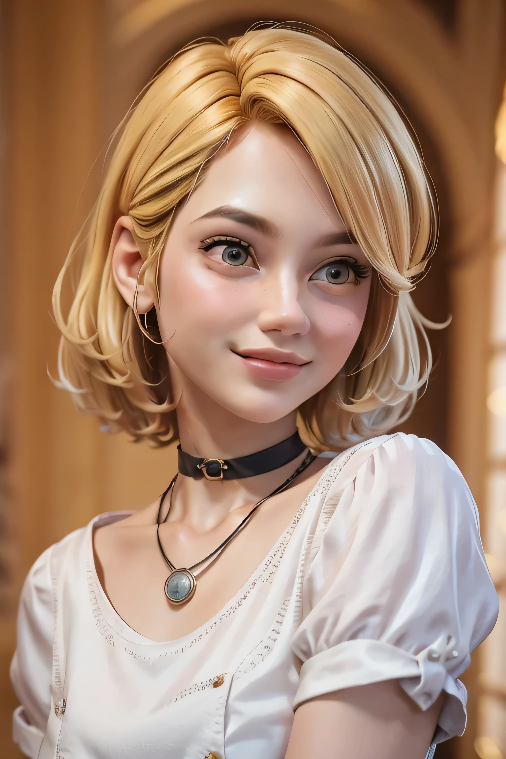 masterpiece, best quality, 3d rending work, 3DMM style, close-up, portrait, 3d, 1girl, solo, hair light yellow color, necklace, freckles, jewelry, looking to the side, realistic, upper body, simple background, bangs, looking away, short hair, lips parted, eyes light yellow color, lips, gothic, choker, makeup, soft, shirt color #FBF01C, shirt, positioned on the right of the image,  happy, smiling