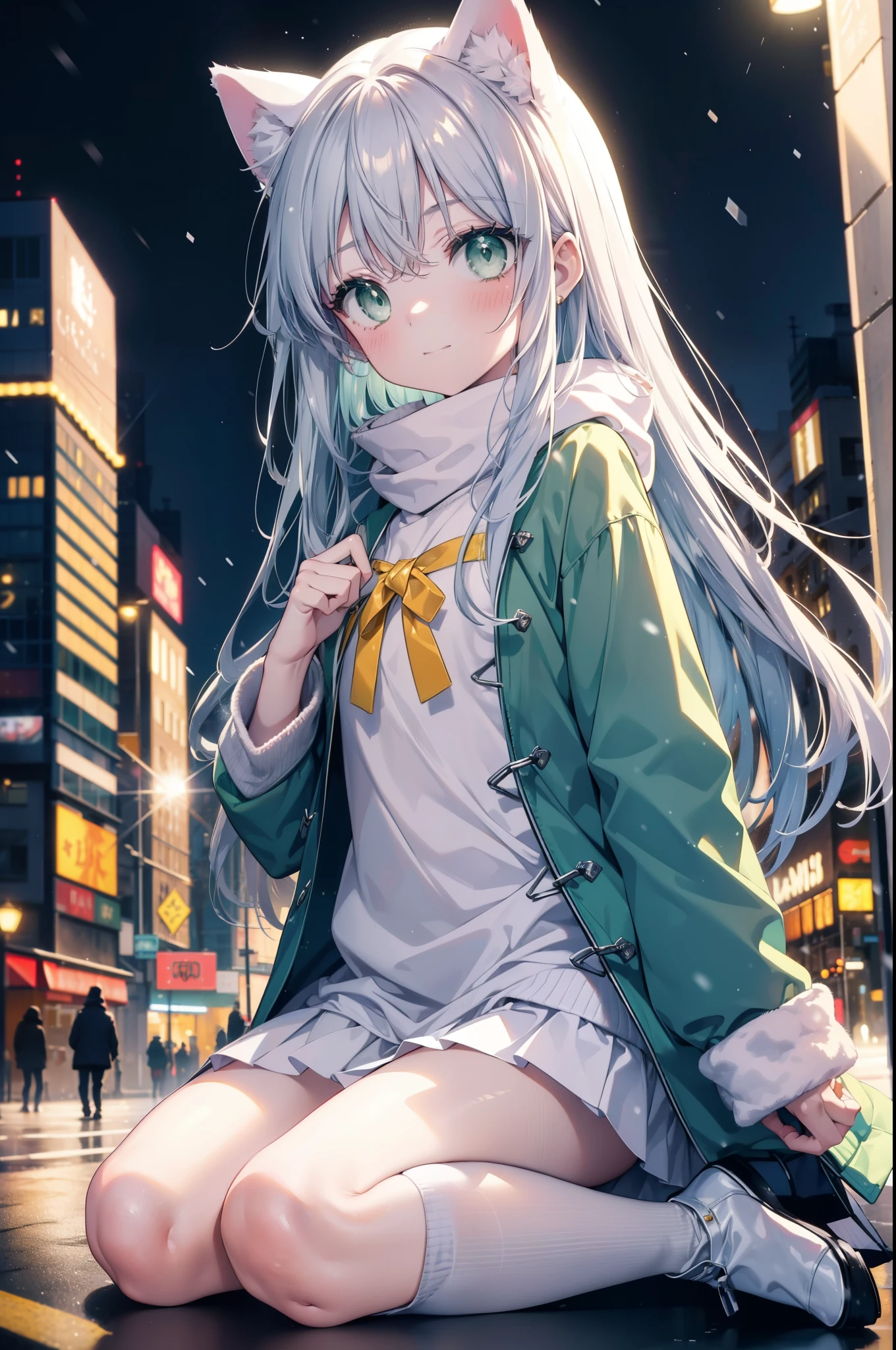 index, index, (green eyes:1.5), silver hair, long hair, (flat chest:1.2),animal ears　Cat ear,Animal tail　cat tail,blush,smile,open your mouth,illumination,A large Christmas tree is placed in the middle of the road.,gray handbag,yellow long coat, white hoodie, black long skirt,black pantyhose,Mini Boots,winter,night,cold sky,It&#39;s snowing,snow is falling,
break looking at viewer, Upper body, whole body,
break outdoors, In town,building street,
break (masterpiece:1.2), highest quality, High resolution, unity 8k wallpaper, (figure:0.8), (beautiful deしっぽed eyes:1.6), extremely deしっぽed face, perfect lighting, extremely deしっぽed CG, (perfect hands, perfect anatomy),