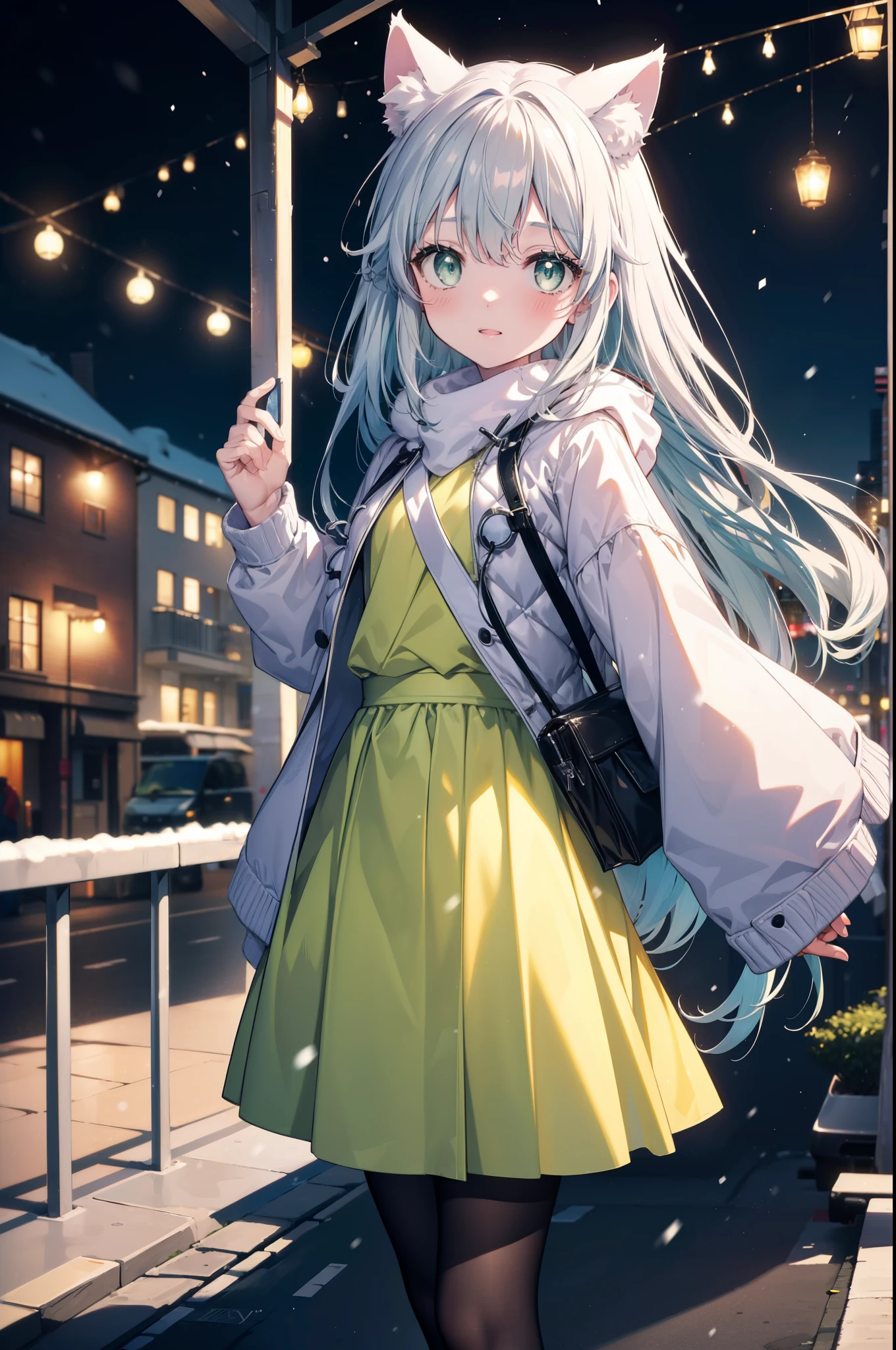 index, index, (green eyes:1.5), silver hair, long hair, (flat chest:1.2),animal ears　Cat ear,Animal tail　cat tail,blush,smile,open your mouth,illumination,A large Christmas tree is placed in the middle of the road.,gray handbag,yellow long coat, white hoodie, black long skirt,black pantyhose,Mini Boots,winter,night,cold sky,It&#39;s snowing,snow is falling,
break looking at viewer, Upper body, whole body,
break outdoors, In town,building street,
break (masterpiece:1.2), highest quality, High resolution, unity 8k wallpaper, (figure:0.8), (beautiful deしっぽed eyes:1.6), extremely deしっぽed face, perfect lighting, extremely deしっぽed CG, (perfect hands, perfect anatomy),