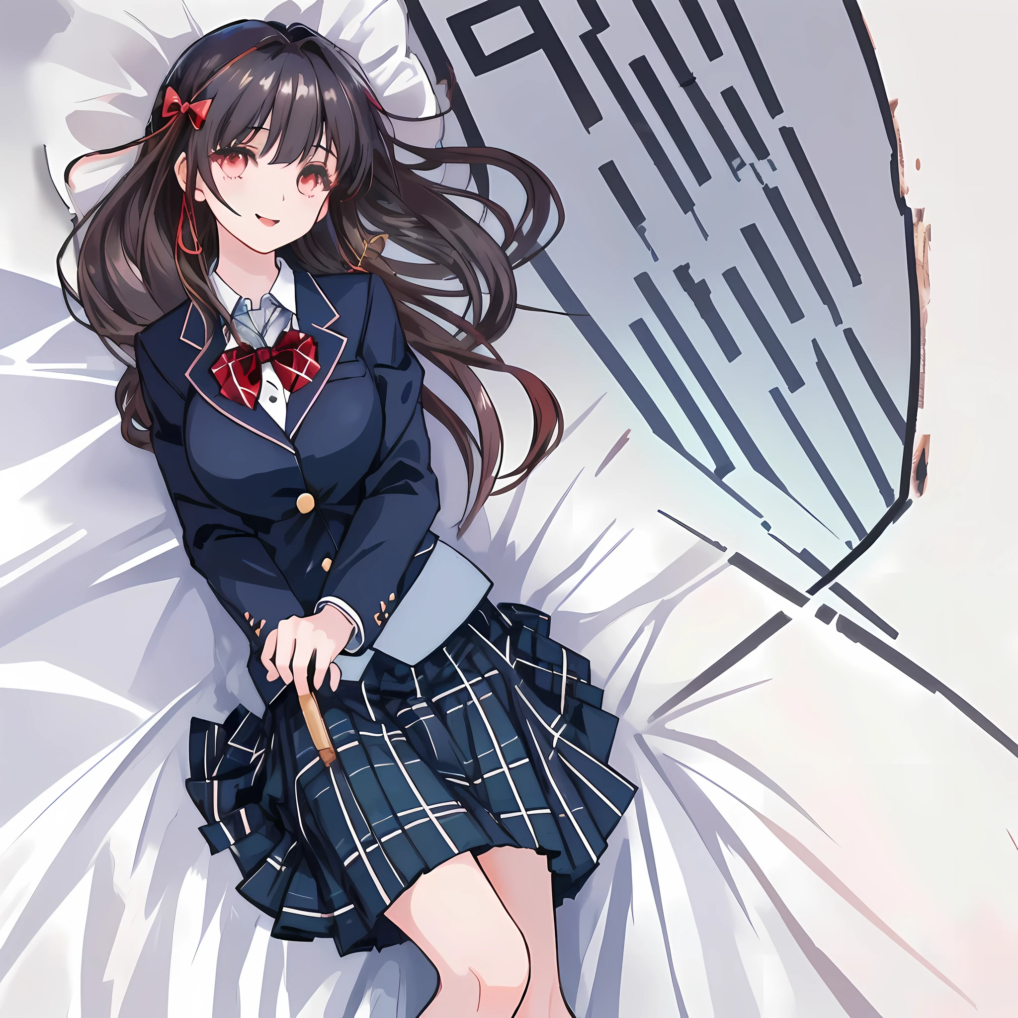 highest quality, (masterpiece:1.2), High resolution, perfect pixel, One so beautiful woman is lying on the bed, , ((big very detailed beautiful eyes like angel)), ((girly large wine-red glossy polyester Japanese school ribbon bow tie)), (((long beautiful wavy hair))), ((((dark blue & deep navy colored tartan checkered long skirt)))), ((A formal dark blue blazer that is slightly larger and has a gold emblem on the left chest that feels like the texture of the cloth.)), Watching the viewer and laughing, Very fun, Very happy, mouth is open, the skirt is so cute, detailed fingers, modest chest, curled bangs, Lip balm, so beautiful, checkered comforter, checkered bed sheet, cute long ribbons on the bed, long eyelashes, ((Skirt and bow tie is photo realistic)), ((bed is photo realistic)), windy, Appeal to viewers, big long girly hair ribbons, Impressive and very beautiful eyes