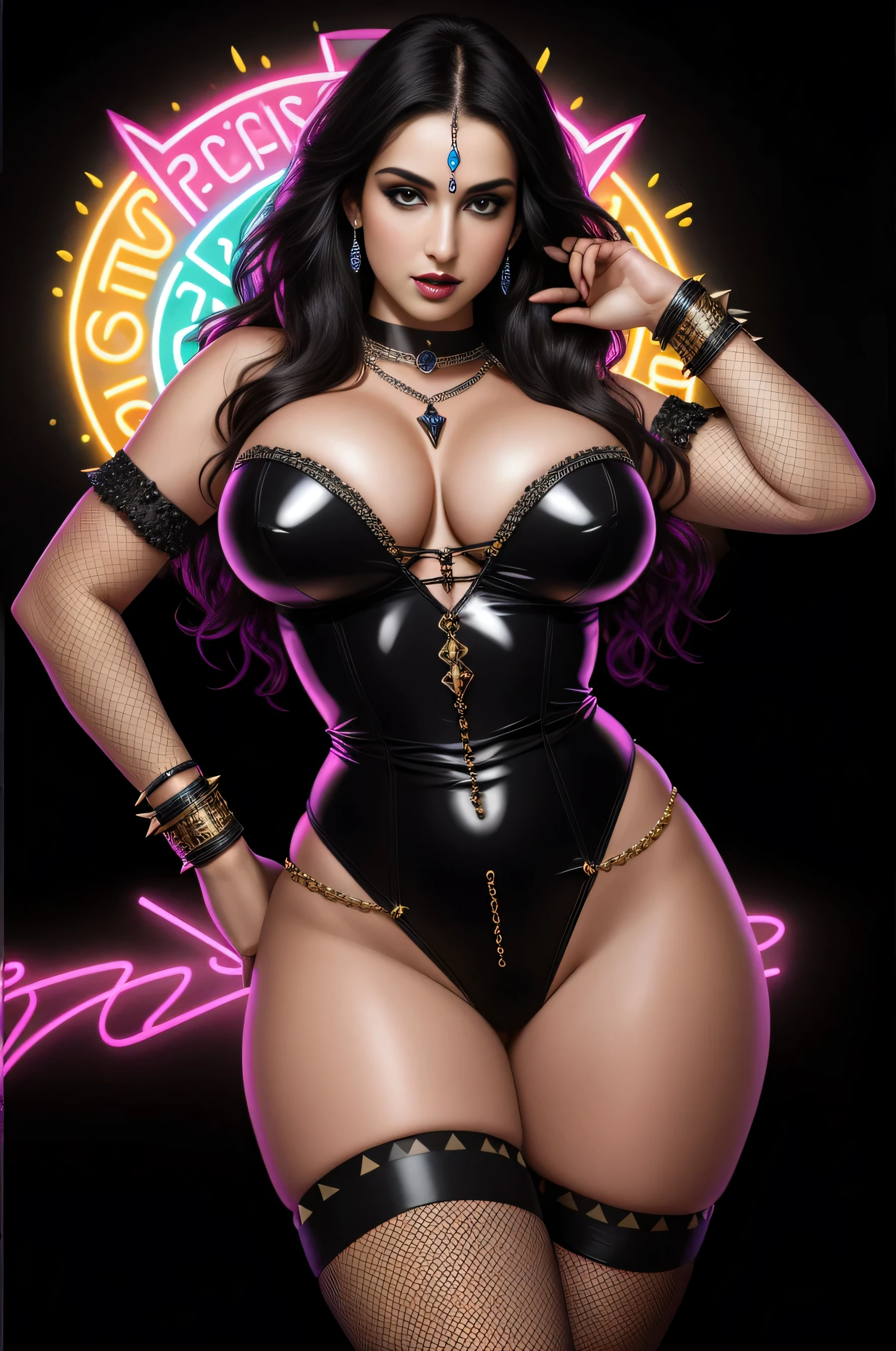 1980s roleplaying game book cover, 3D Neon Art, voluptuous young beautiful female wearing sexy chainmail armor, fishnet stockings, spiked brassieres and bracelets and necklaces and ripped clothing, hyperdetailed, airbrush, luscious deep multicolored,16k resolution, complex, colorful, meticulous, ethereal,3d render, symmetrical face, iridescent, lustrous, provocative, peeing, sensuous, gothic, sleazy, handcuffs, chains, huge breasts, oiled skin, spread open legs, slutty, bright neon colors, looking at camera, gigantic breasts, cleavage, (high detailed skin:1.2), 8k uhd, dslr, super lighting, high quality, film grain, high res, highly detailed, hyper realistic, beautiful face, beautiful body, beautiful eyes nose lips, alluring expression, very bold, upper visible, full body photo, standing legs apart, pale translucent glowing skin, most beautiful face, cute, (well defined pubic hair:1.2)), (dark plain black background:1.4))