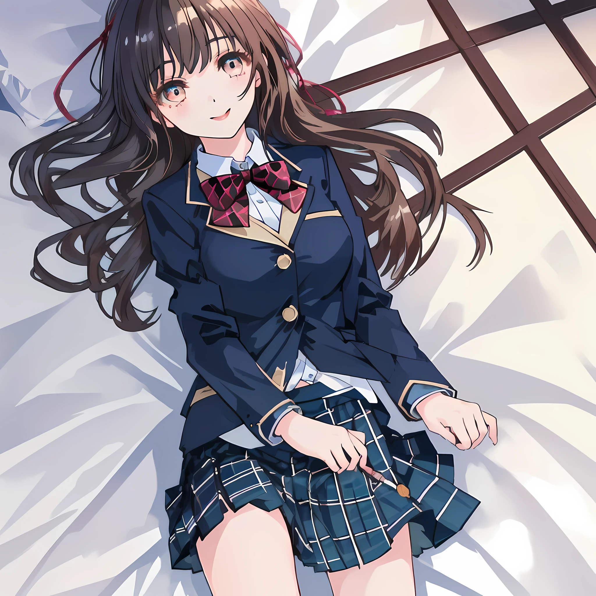 highest quality, (masterpiece:1.2), High resolution, perfect pixel, One so beautiful woman is lying on the bed, 16 years old, ((big very detailed beautiful eyes like angel)), ((girly large wine-red glossy polyester Japanese school ribbon bow tie)), (((long beautiful wavy hair))), ((((dark blue & deep navy colored tartan checkered long skirt)))), ((A formal dark blue blazer that is slightly larger and has a gold emblem on the left chest that feels like the texture of the cloth.)), Watching the viewer and laughing, Very fun, Very happy, mouth is open, the skirt is so cute, detailed fingers, modest chest, curled bangs, Lip balm, so beautiful, checkered comforter, checkered bed sheet, cute long ribbons on the bed, long eyelashes, ((Skirt and bow tie is photo realistic)), ((bed is photo realistic)), windy, Appeal to viewers, big long girly hair ribbons, Impressive and very beautiful eyes