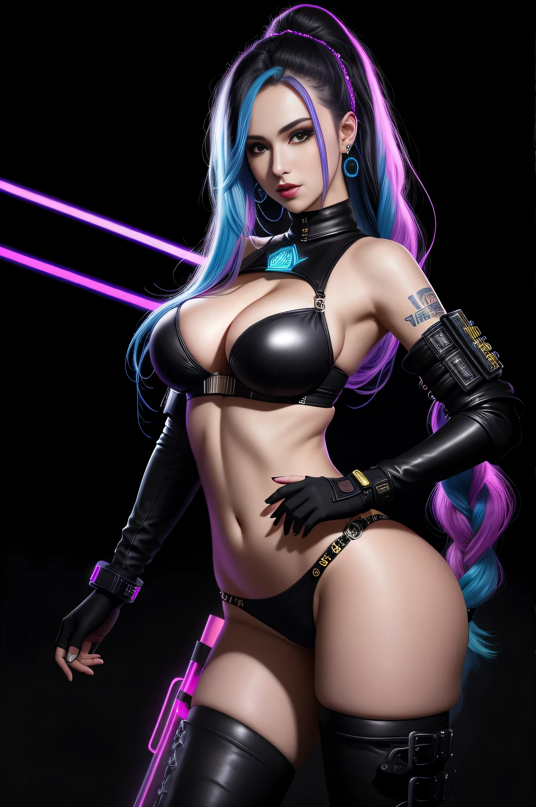 there is Jinx League of Legends standing, long blue platted hair, nice ass, thigh high boots, 3 d neon art of a woman's body, neon-noir background, cyberpunk femme fatale, seductive cyberpunk dark fantasy, cyberpunk strip clubs, cyberpunk 20 y. o model girl, oppai cyberpunk, banner, high definition cgsociety, cgsociety masterpiece, trending on cgstation, kda, random hair, looking at camera, gigantic breasts, cleavage, (high detailed skin:1.2), 8k uhd, dslr, super lighting, high quality, film grain, high res, highly detailed, hyper realistic, beautiful face, beautiful body, beautiful eyes nose lips, alluring expression, very bold, upper visible, full body photo, standing legs apart, pale translucent glowing skin, most beautiful face, cute, (well defined pubic hair:1.2)), (dark plain black background:1.4))