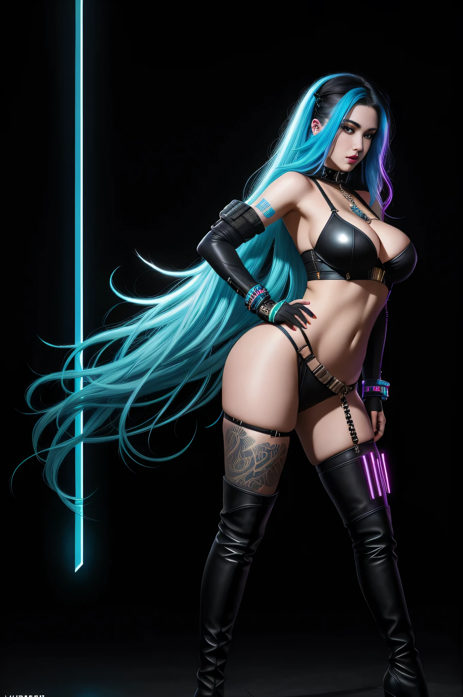 there is Jinx League of Legends standing, long blue platted hair, nice ass, thigh high boots, 3 d neon art of a woman's body, neon-noir background, cyberpunk femme fatale, seductive cyberpunk dark fantasy, cyberpunk strip clubs, cyberpunk 20 y. o model girl, oppai cyberpunk, banner, high definition cgsociety, cgsociety masterpiece, trending on cgstation, kda, random hair, looking at camera, gigantic breasts, cleavage, (high detailed skin:1.2), 8k uhd, dslr, super lighting, high quality, film grain, high res, highly detailed, hyper realistic, beautiful face, beautiful body, beautiful eyes nose lips, alluring expression, very bold, upper visible, full body photo, standing legs apart, pale translucent glowing skin, most beautiful face, cute, (well defined pubic hair:1.2)), (dark plain black background:1.4))