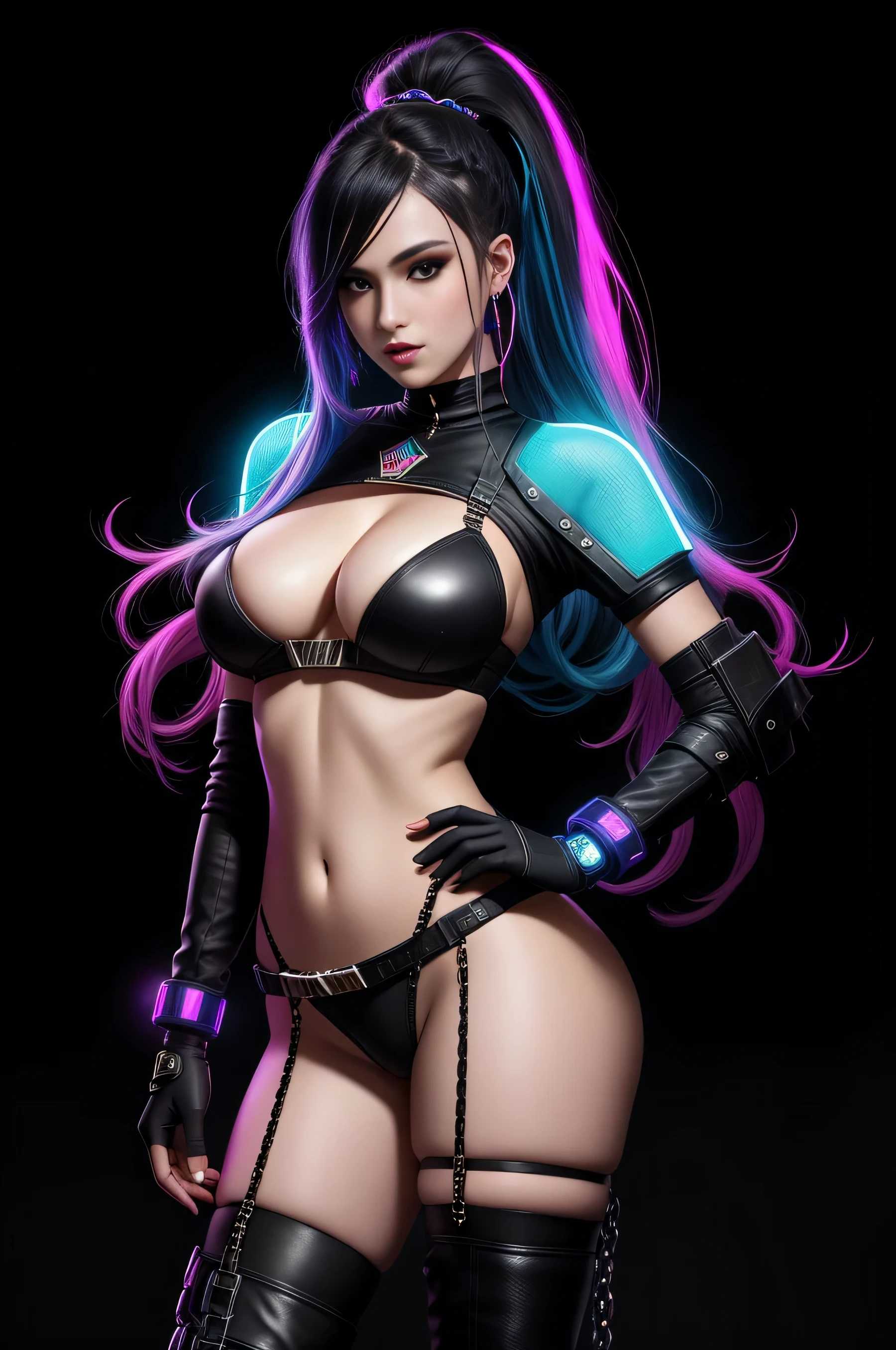 there is Jinx League of Legends standing, long blue platted hair, nice ass, thigh high boots, 3 d neon art of a woman's body, neon-noir background, cyberpunk femme fatale, seductive cyberpunk dark fantasy, cyberpunk strip clubs, cyberpunk 20 y. o model girl, oppai cyberpunk, banner, high definition cgsociety, cgsociety masterpiece, trending on cgstation, kda, random hair, looking at camera, gigantic breasts, cleavage, (high detailed skin:1.2), 8k uhd, dslr, super lighting, high quality, film grain, high res, highly detailed, hyper realistic, beautiful face, beautiful body, beautiful eyes nose lips, alluring expression, very bold, upper  visible, full body photo, standing legs apart, pale translucent glowing skin, most beautiful face, cute, (well defined pubic hair:1.2)), (dark plain black background:1.4))