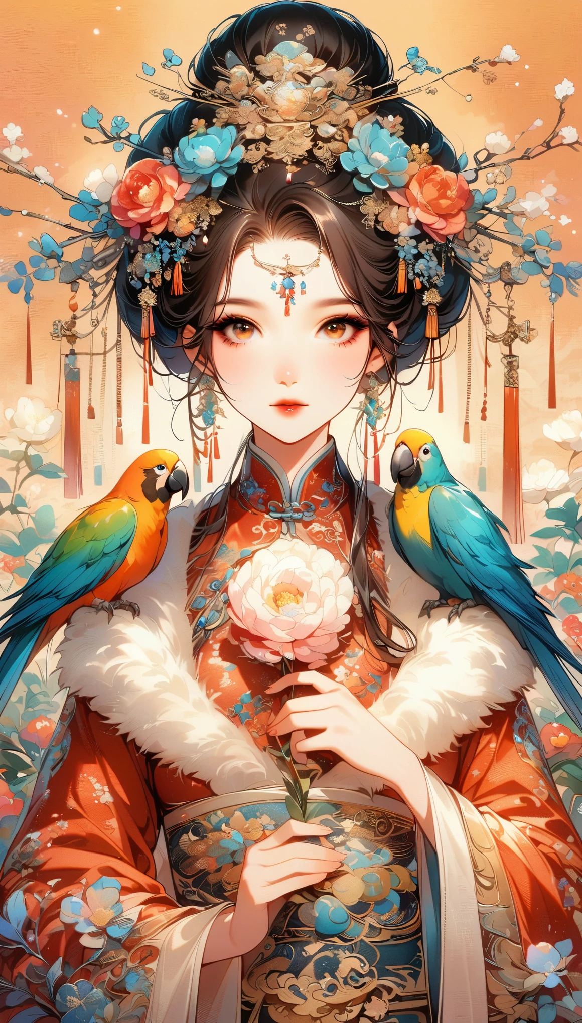 A beautiful young woman in traditional Chinese attire, surrounded by a lush garden. She is holding a parrot on her finger, gazing at it with gentle eyes. The woman's hair is styled in an elaborate updo adorned with flowers and traditional ornaments. Her dress is elegant, featuring fine silk with floral embroidery. The garden is in full bloom, with peonies and other flowers providing a backdrop. The scene captures the serenity and beauty of classical Chinese art, with a touch of nature harmony, (((Ultra-high saturation, high natural saturation, extremely bright colors)))