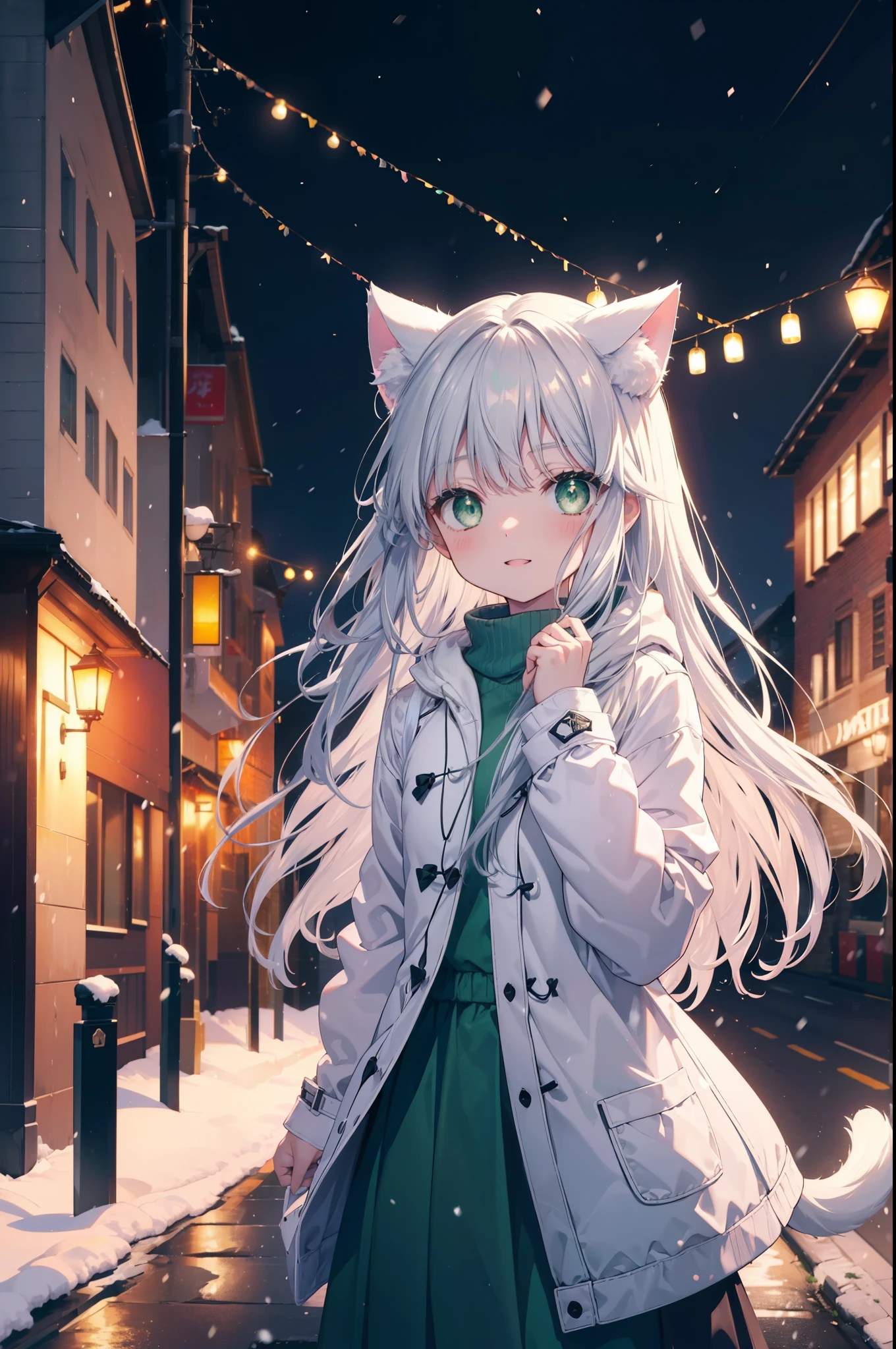 index, index, (green eyes:1.5), silver hair, long hair, (flat chest:1.2),animal ears　Cat ear,Animal tail　cat tail,blush,smile,open your mouth,illumination,A large Christmas tree is placed in the middle of the road.,gray handbag,yellow long coat, white hoodie, black long skirt,black pantyhose,Mini Boots,winter,night,cold sky,It&#39;s snowing,snow is falling,
break looking at viewer, Upper body, whole body,
break outdoors, In town,building street,
break (masterpiece:1.2), highest quality, High resolution, unity 8k wallpaper, (figure:0.8), (beautiful deしっぽed eyes:1.6), extremely deしっぽed face, perfect lighting, extremely deしっぽed CG, (perfect hands, perfect anatomy),