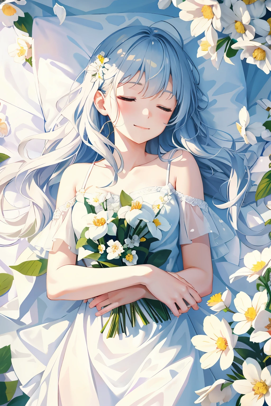 1 girl, closed eyes, sleeping peacefully, surrounded by a blooming flower field, happy expression on her face, wavy mouth forming a soft smile, dressed in a pristine white dress, petals of various colors gently falling around her, ultra-detailed, realistic rendering, crisp and clean, vibrant hues, soft focus, sunlit atmosphere, HDR, UHD, springtime, dreamlike, blissful, ethereal.