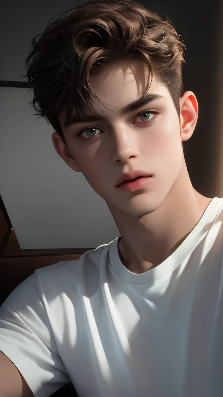 (best quality,4k,highres,masterpiece:1.2),ultra-detailed,(realistic,photorealistic,medium shot,photo-realistic:1.37),1boy about 19 years-old,lie down pose,handsome,detailed eyes,detailed lips,brown hair,cool,indifferent,bad boy,cold gaze,white T-shirt,cool pose,stunning,photography,cinematic,dark room vibe,