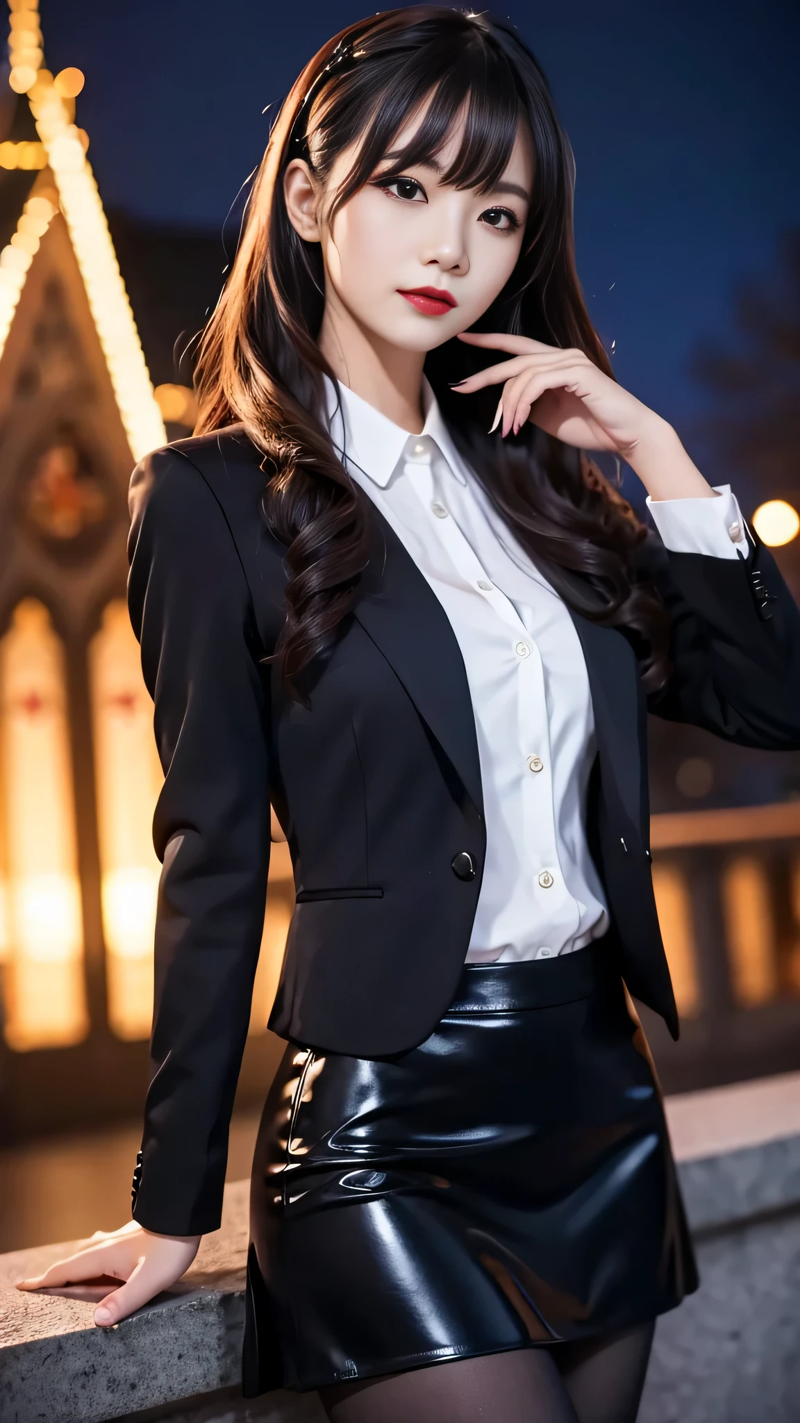 ltra-detailed、Japanese、attractive beauty、seductive adult woman、pretty woman、piercing eyes、cool girl、wavy hair、swept bangs、suit、Jacket、shirt、ribbon、blouse、Tight Skirt、pantyhose、beautiful feet、Evil cadres、evil depravity、brainwash、mind control、lipstick、smirk、dark makeup、evil look、evil、empty eyes、evil、church at night、vampire、succubus、vampire、Swear allegiance、stand