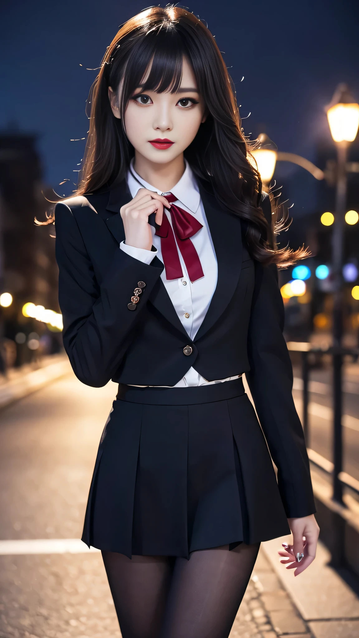 ltra-detailed、Japanese、attractive beauty、seductive adult woman、pretty woman、piercing eyes、cool girl、wavy hair、swept bangs、suit、Jacket、shirt、ribbon、blouse、Tight Skirt、pantyhose、beautiful feet、Evil cadres、evil depravity、brainwash、mind control、lipstick、smirk、dark makeup、evil look、evil、empty eyes、evil、church at night、vampire、succubus、vampire、Swear allegiance、stand