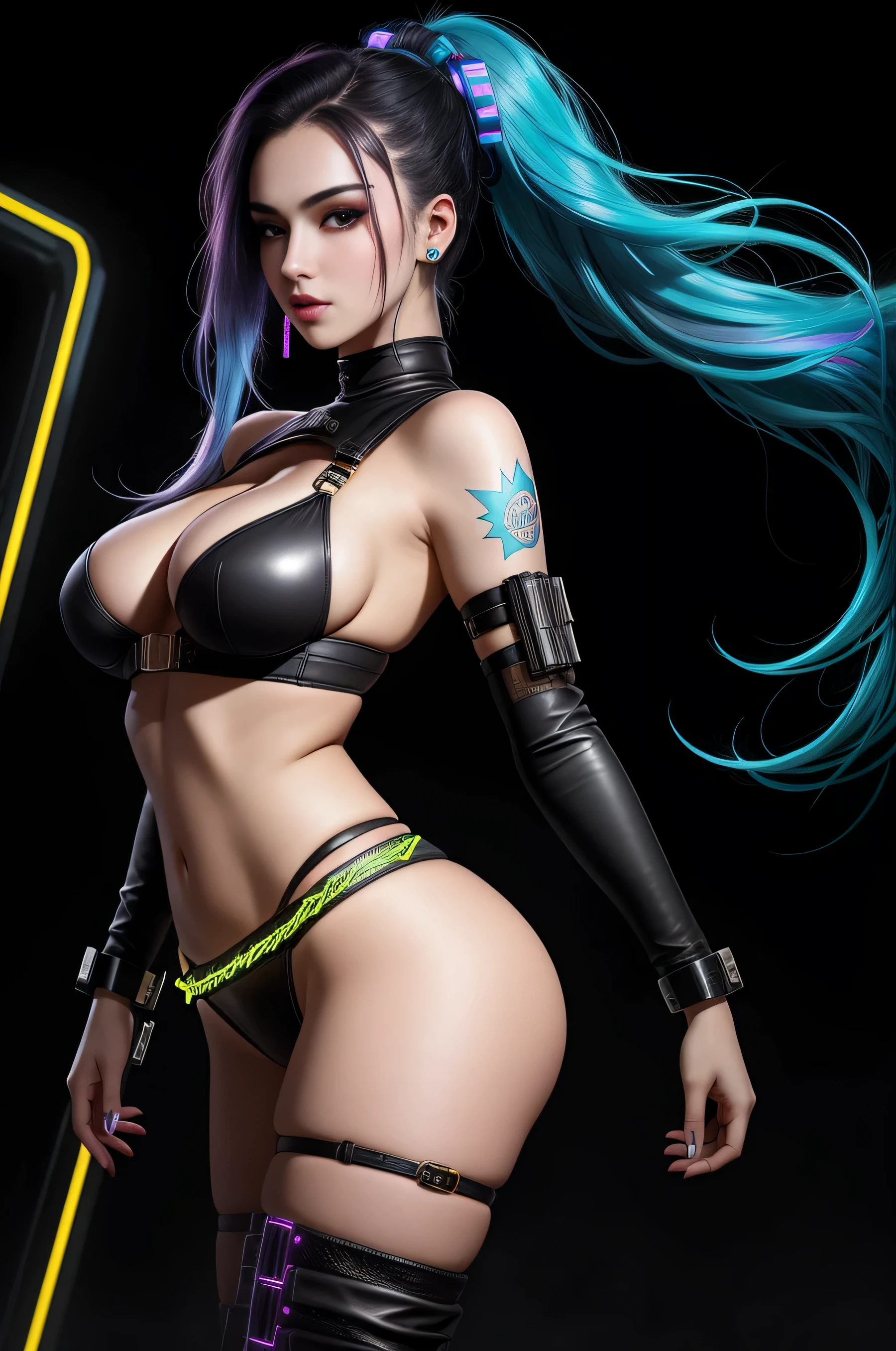 there is Jinx League of Legends standing, long blue platted hair, nice ass, thigh high boots, 3 d neon art of a woman's body, neon-noir background, cyberpunk femme fatale, seductive cyberpunk dark fantasy, cyberpunk strip clubs, cyberpunk 20 y. o model girl, oppai cyberpunk, banner, high definition cgsociety, cgsociety masterpiece, trending on cgstation, kda, random hair, looking at camera, gigantic breasts, cleavage, (high detailed skin:1.2), 8k uhd, dslr, super lighting, high quality, film grain, high res, highly detailed, hyper realistic, beautiful face, beautiful body, beautiful eyes nose lips, alluring expression, very bold, upper  visible, full body photo, standing legs apart, pale translucent glowing skin, most beautiful face, cute, (well defined pubic hair:1.2)), (dark plain black background:1.4))