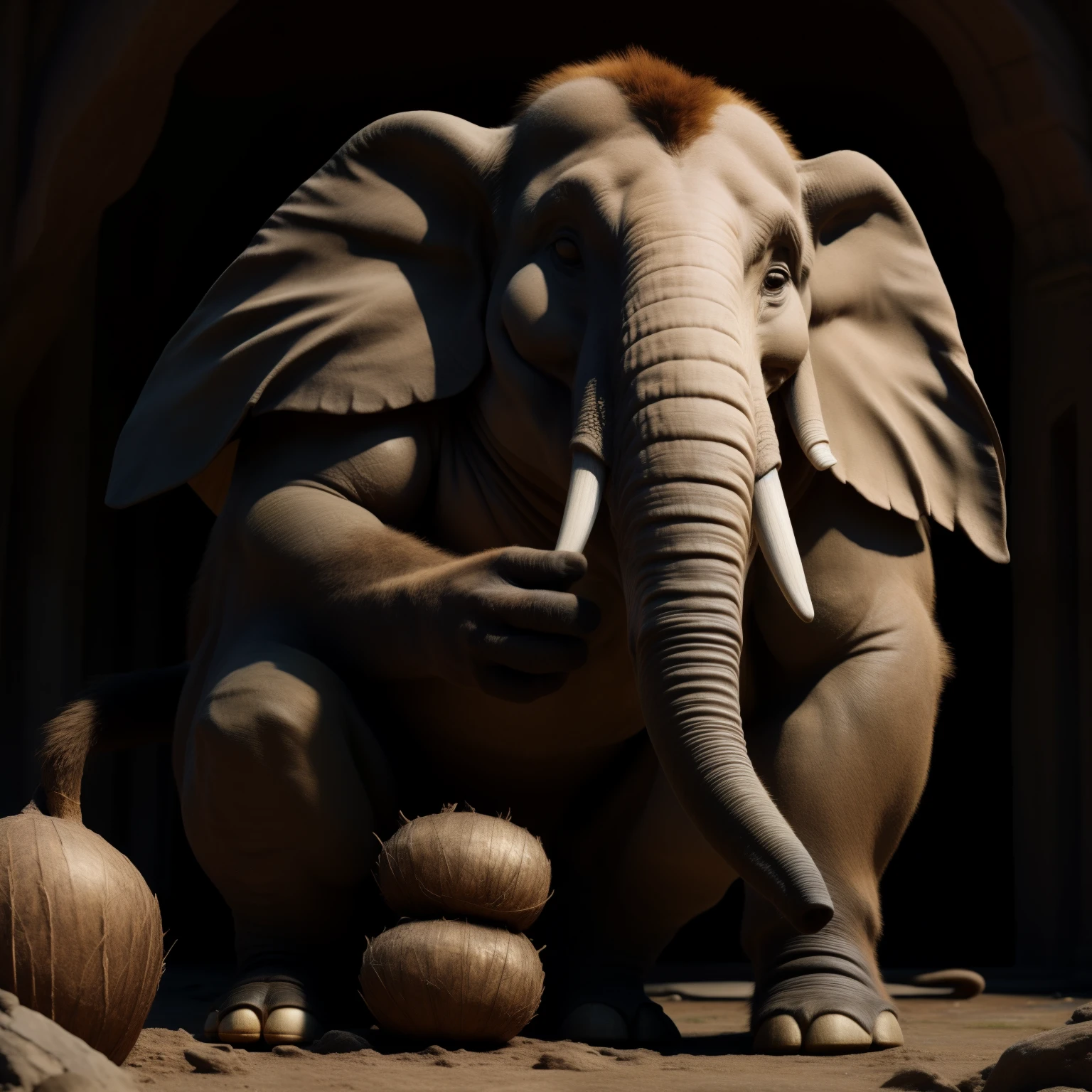 A hyper-realistic illustration showcases a monkey perched atop an elegantly presented elephant, engagingly clutching a ripe coconut with dexterous hands on the majestic beast's trunk. This high-definition, 8K image boasts remarkable levels of detail, embodying a true masterpiece. The monkey's expressive face is intricately designed, capturing curiosity and playfulness within its unblinking, highly detailed eyes. The elephant's textured skin, including every wrinkle and crevice, is masterfully rendered with meticulous precision.
The dynamic lighting enhances the scene, illuminating the rich, verdant foli