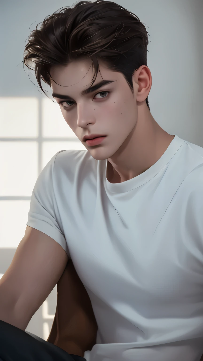 (best quality,4k,highres,masterpiece:1.2),ultra-detailed,(realistic,photorealistic,far shot,photo-realistic:1.37),1boy about 19 years-old,lie down pose,handsome,detailed eyes,detailed lips,brown hair,cool,indifferent,bad boy,cold gaze,white T-shirt,cool pose,stunning,photography,cinematic,dark room vibe,