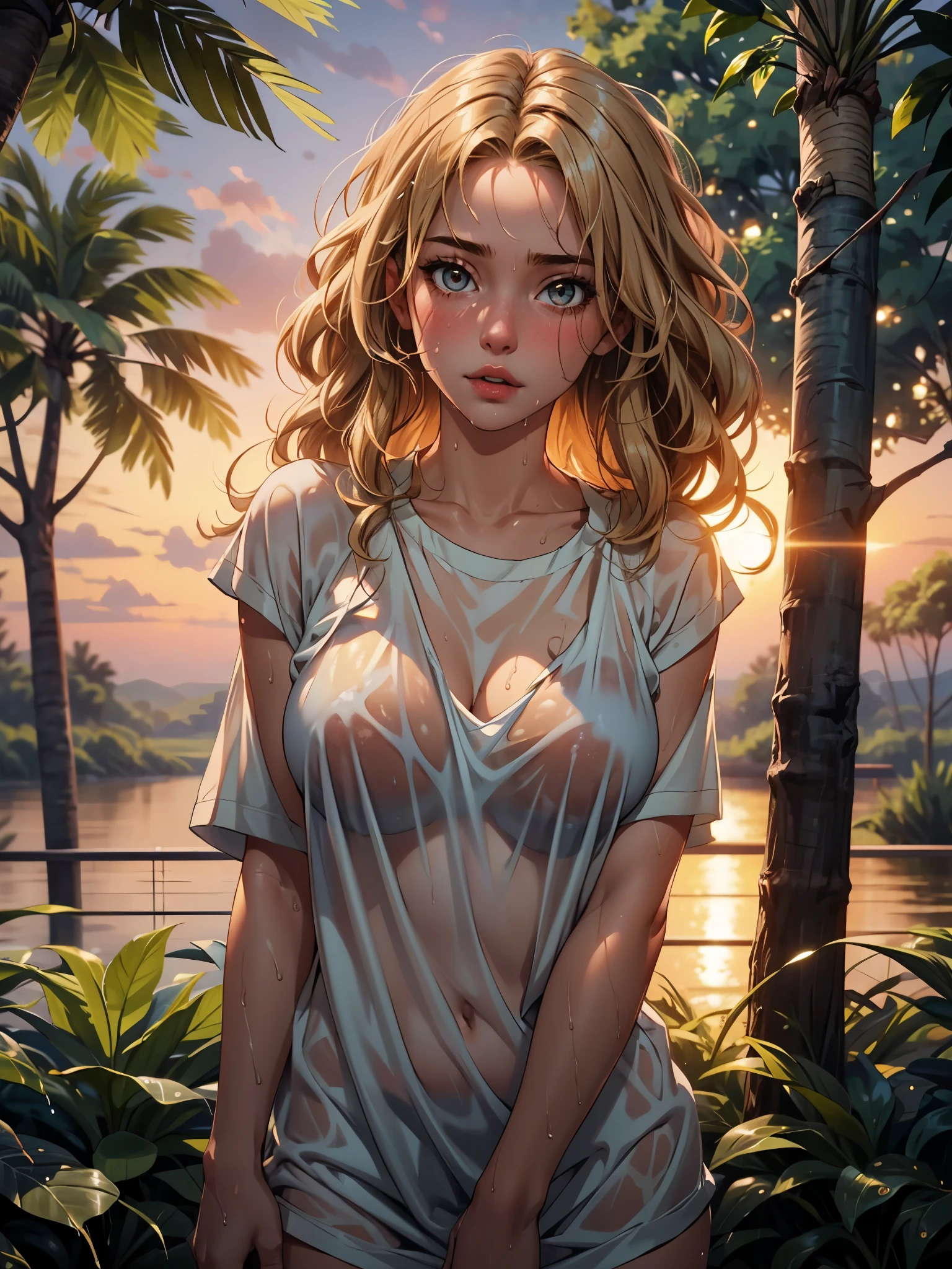 (1 girl), large tanned breasts, wet skin, sweaty skin, wavy blonde hair, translucent t-shirt, stunningly beautiful girl, in a natural environment with wet sheets and trees, sunset