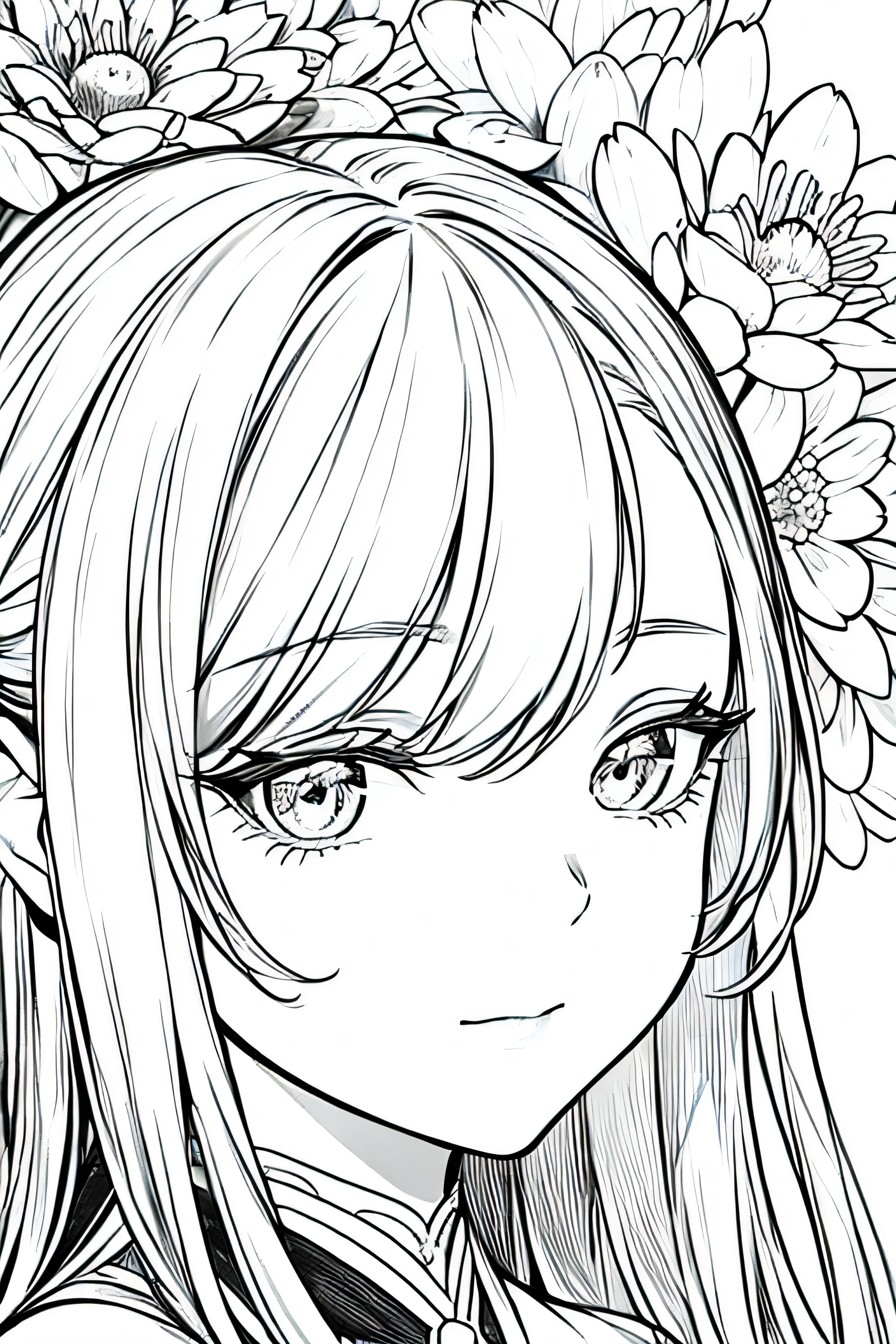 Detail face, ((Perfect details)), Cold light, ((Data in eyes)), ((Data embellishment hair)), Line drawing, Monochrome, white hair, flower line drawing background