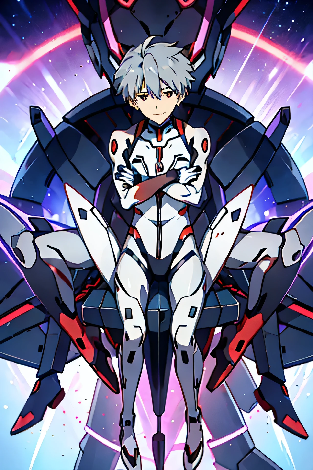 Kaworu Nagisa, plug suit, male focus, 1 boy, red eyes, alone, smile, body suit, gray hair, interface headset, looking at the viewer, Shinji Ikari, pilot suit, crossed arms,