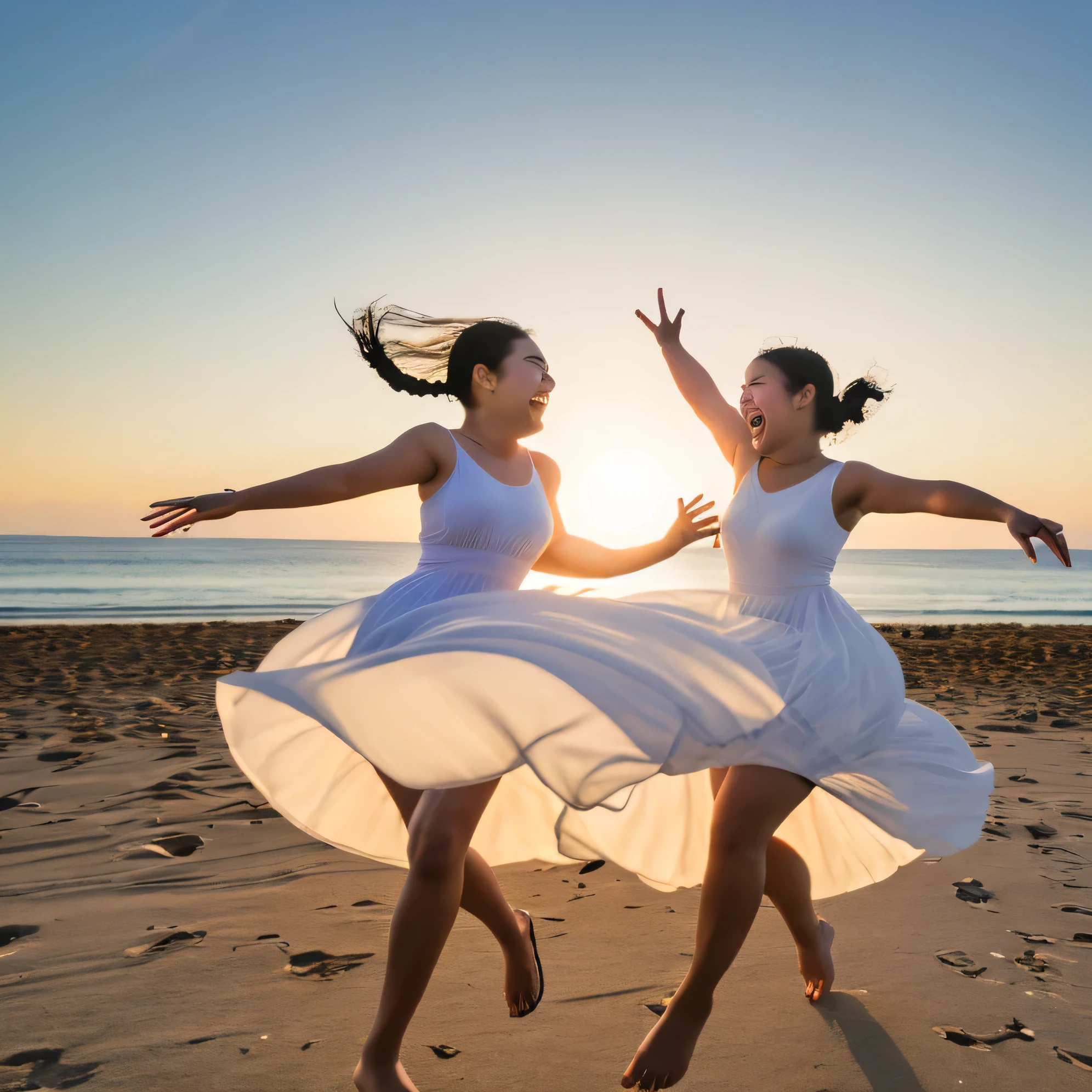 Original photo of 2 Indonesian women with full, voluptuous bodies wearing transparent white long dress, (French twist hairstyle), laughing cheerfully, running on the beach when the weather is very sunny, with a sun rising background. Highly detailed, perfect lighting, hyper realistic, 8k, ultra HD
